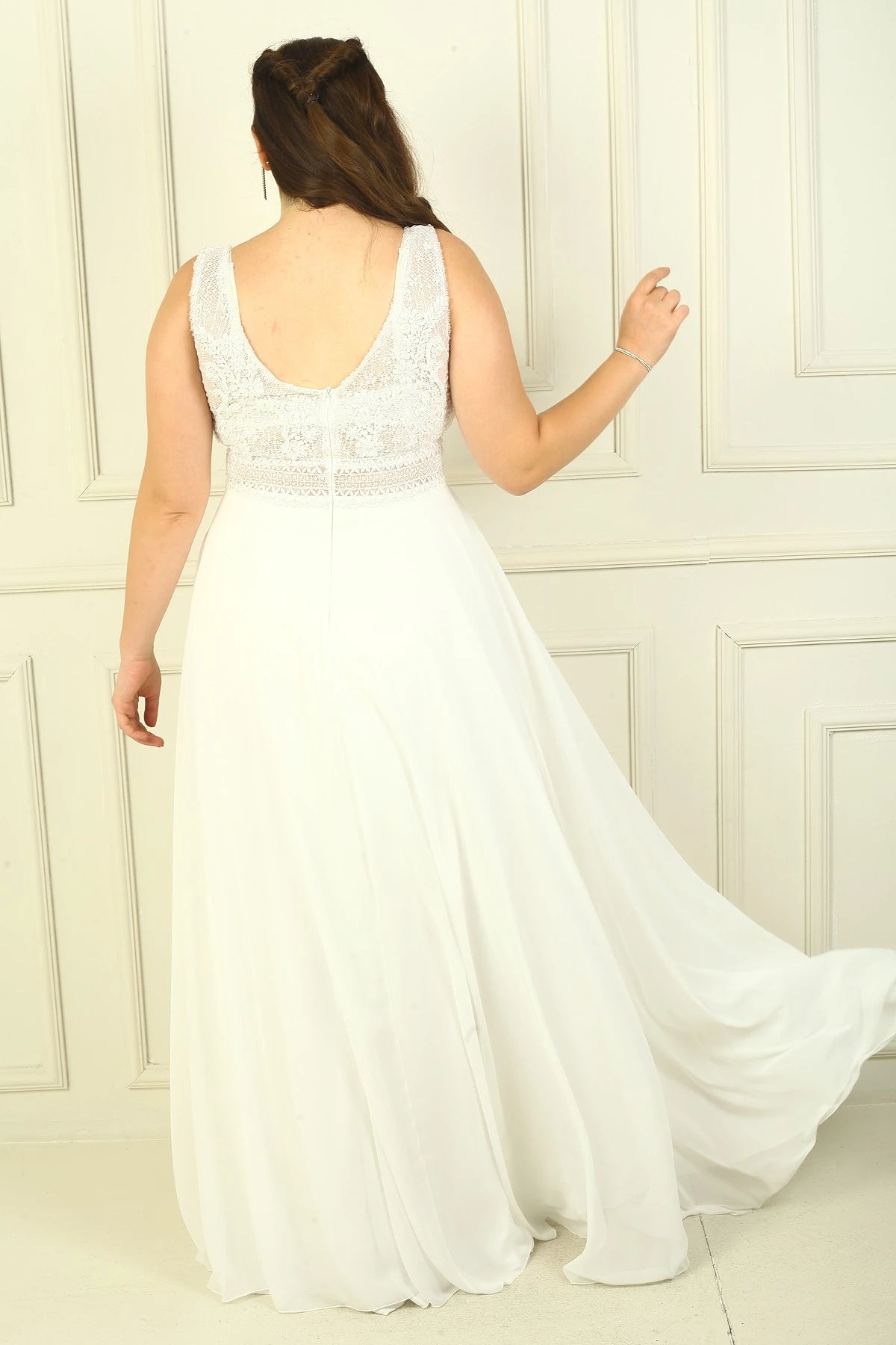 Image of Front and Back V-Neck Top Beaded Floral Motif Lined Long Chiffon Evening Dress