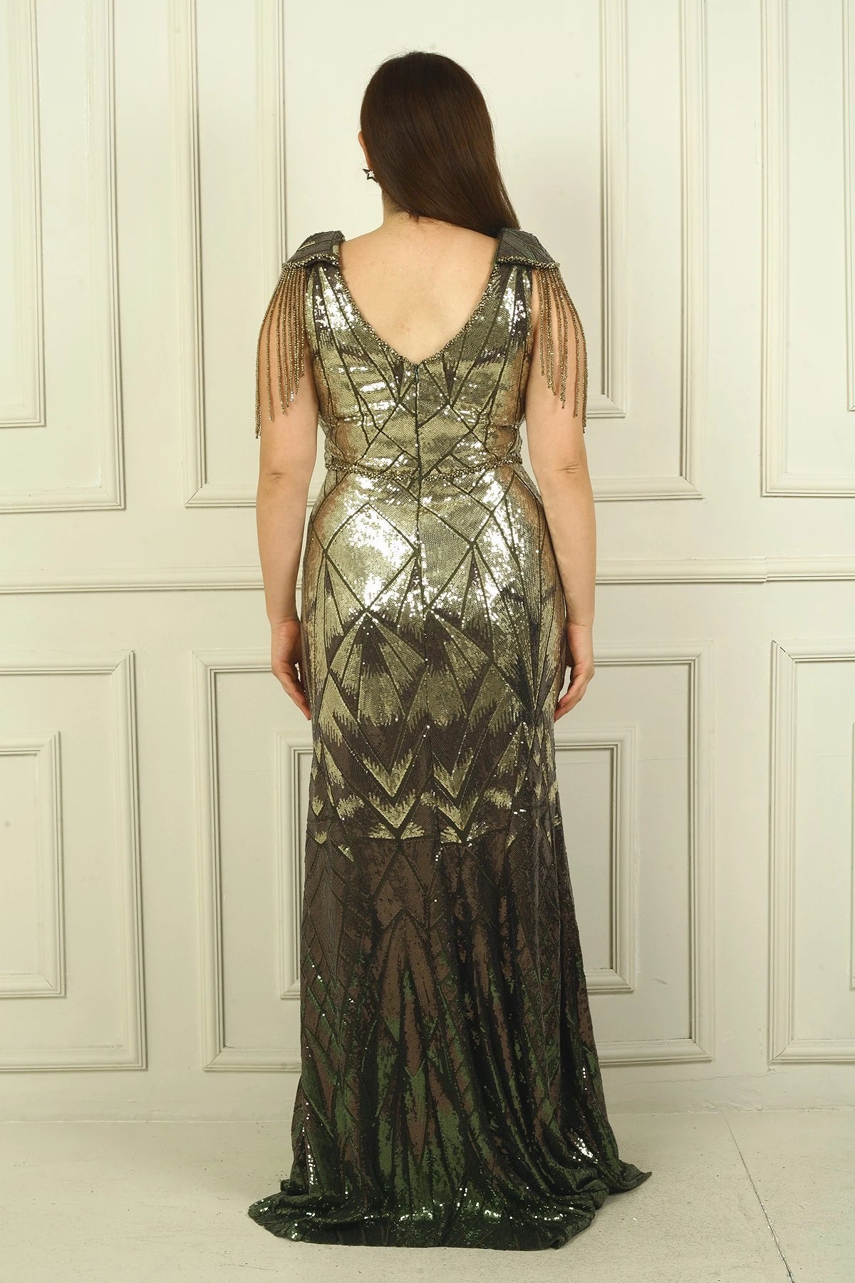 Image of Long BB Sequin Evening Dress with Beaded Tassel Sleeves and Lining