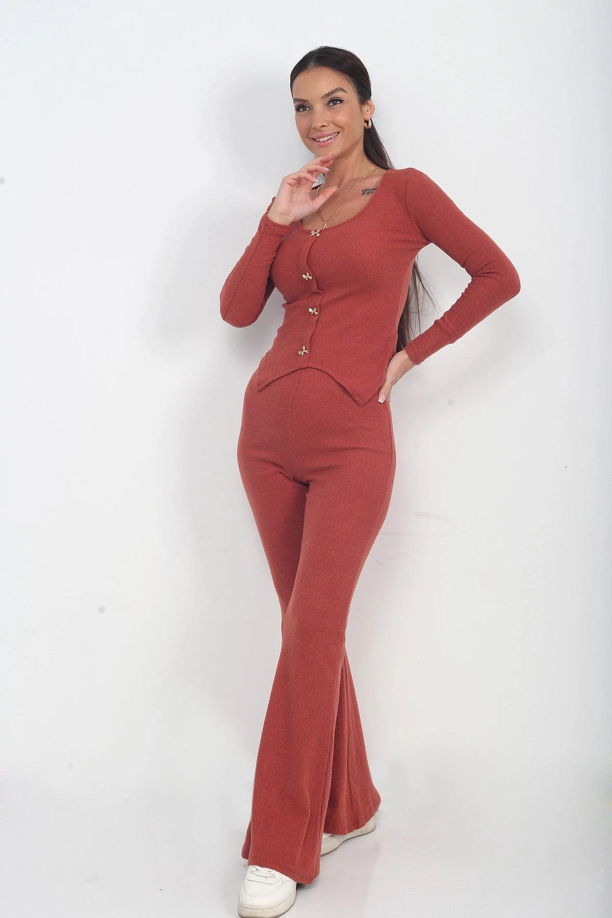 Image of Women's Gold Buttoned Long-Sleeve Blouse and Elastic Waist Wide-Leg Trousers 2-Piece Set