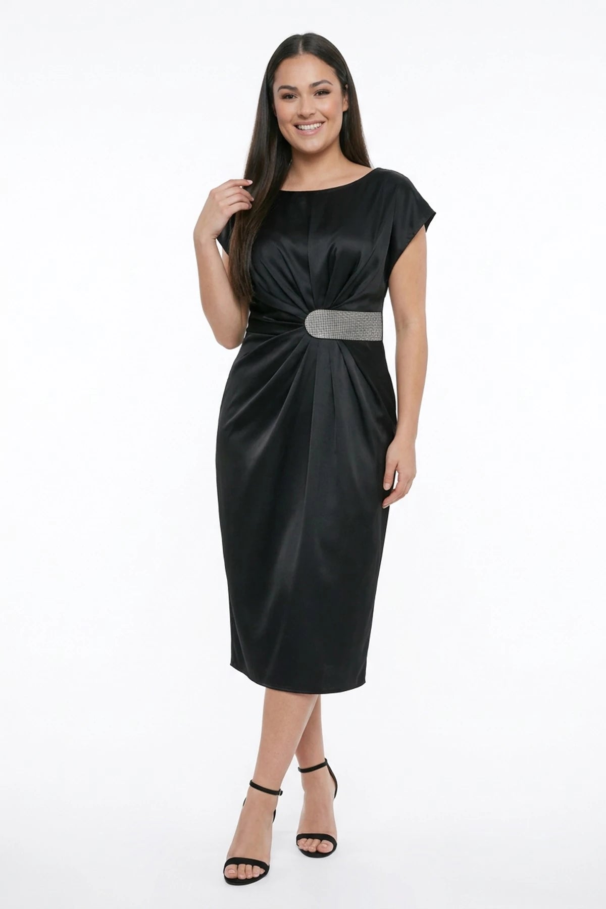 Image of Kadın Beli Taşlı Drapeli Büyük Beden Saten Midi Elbise