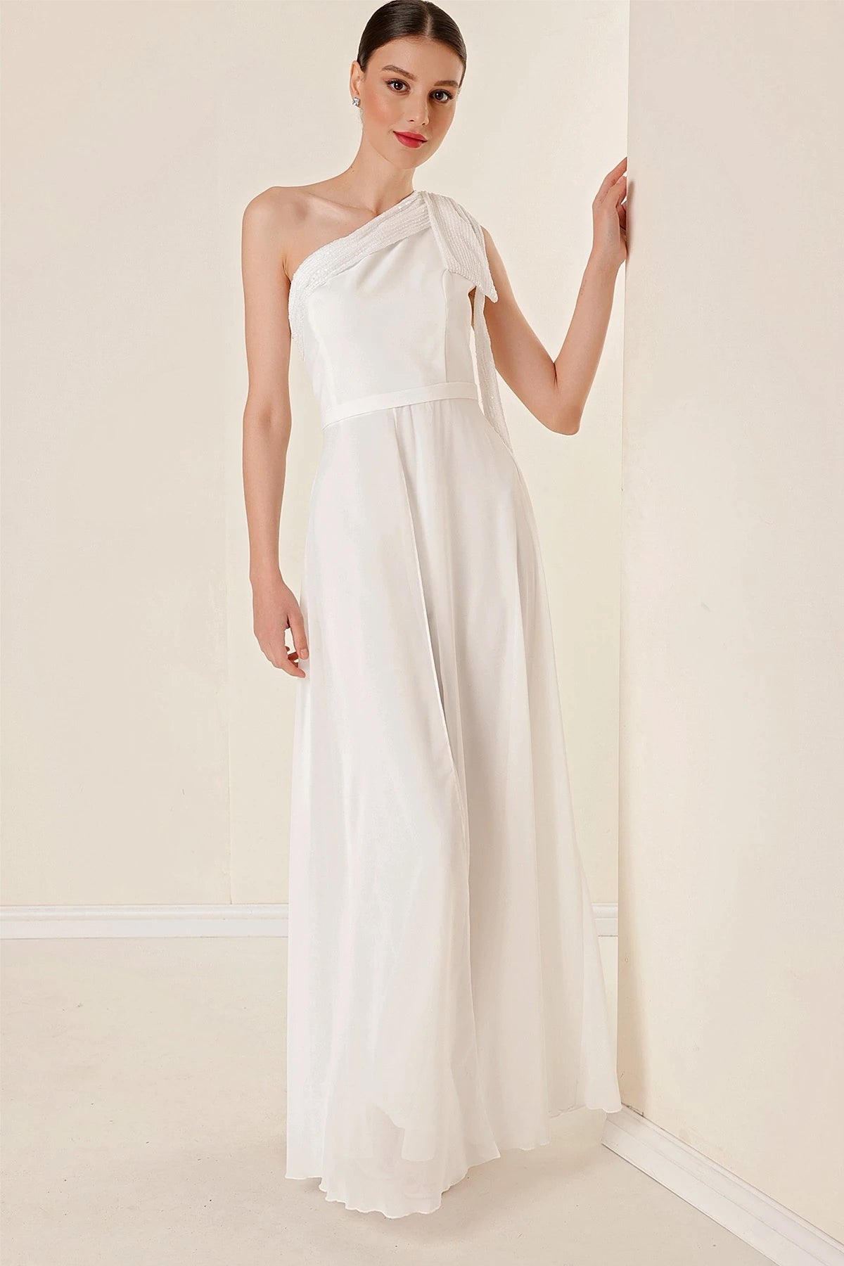 Image of Sequin Collar One-Shoulder Chiffon Crepe Jumpsuit