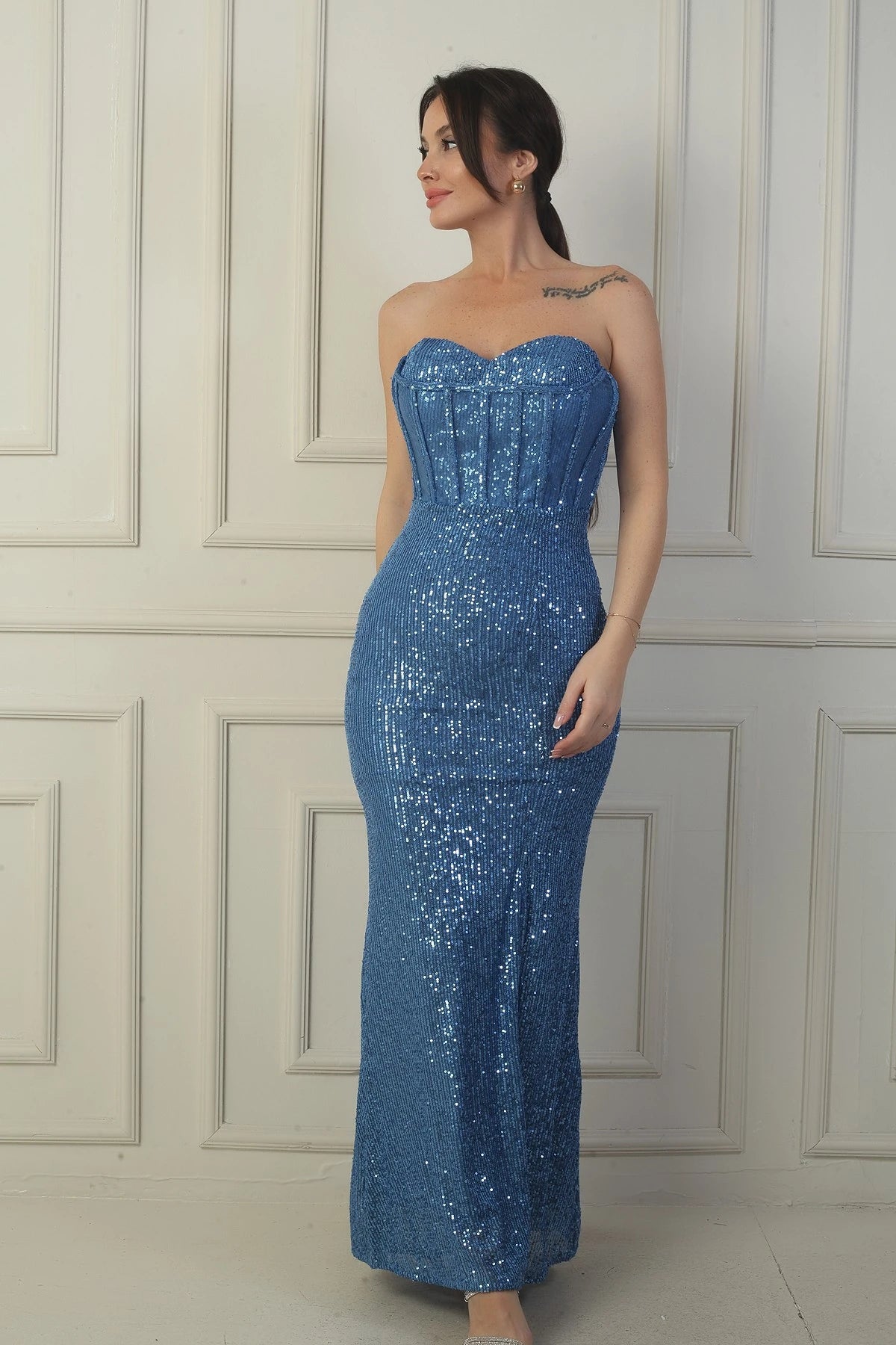 Image of Women's Strapless Underwired Back Lace-up Lined Slit Sequin Long Dress