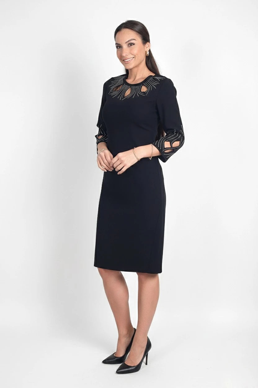 Image of Women's Laser-Cut Short Dress with Beaded Neckline and Cuffs and Lining