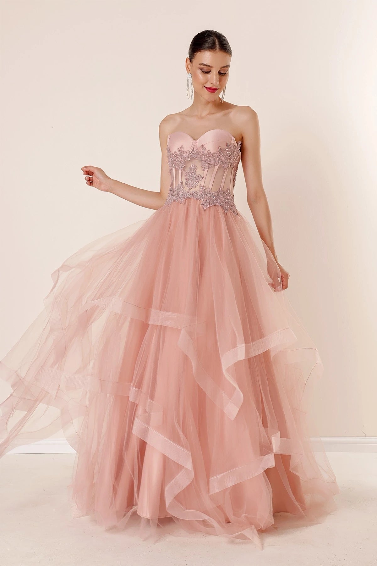 Image of Long, Layered Tulle Taffeta Evening Dress with Beaded Embellishments