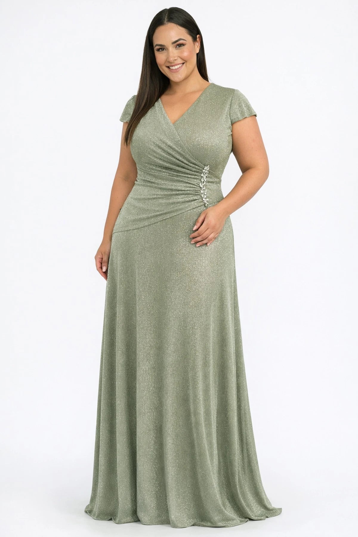 Image of Rochie lungă cu strălucire, cu decolteu în V, mânecă jumătate, căptușită, mărime plus, cu accesorii cu pietre