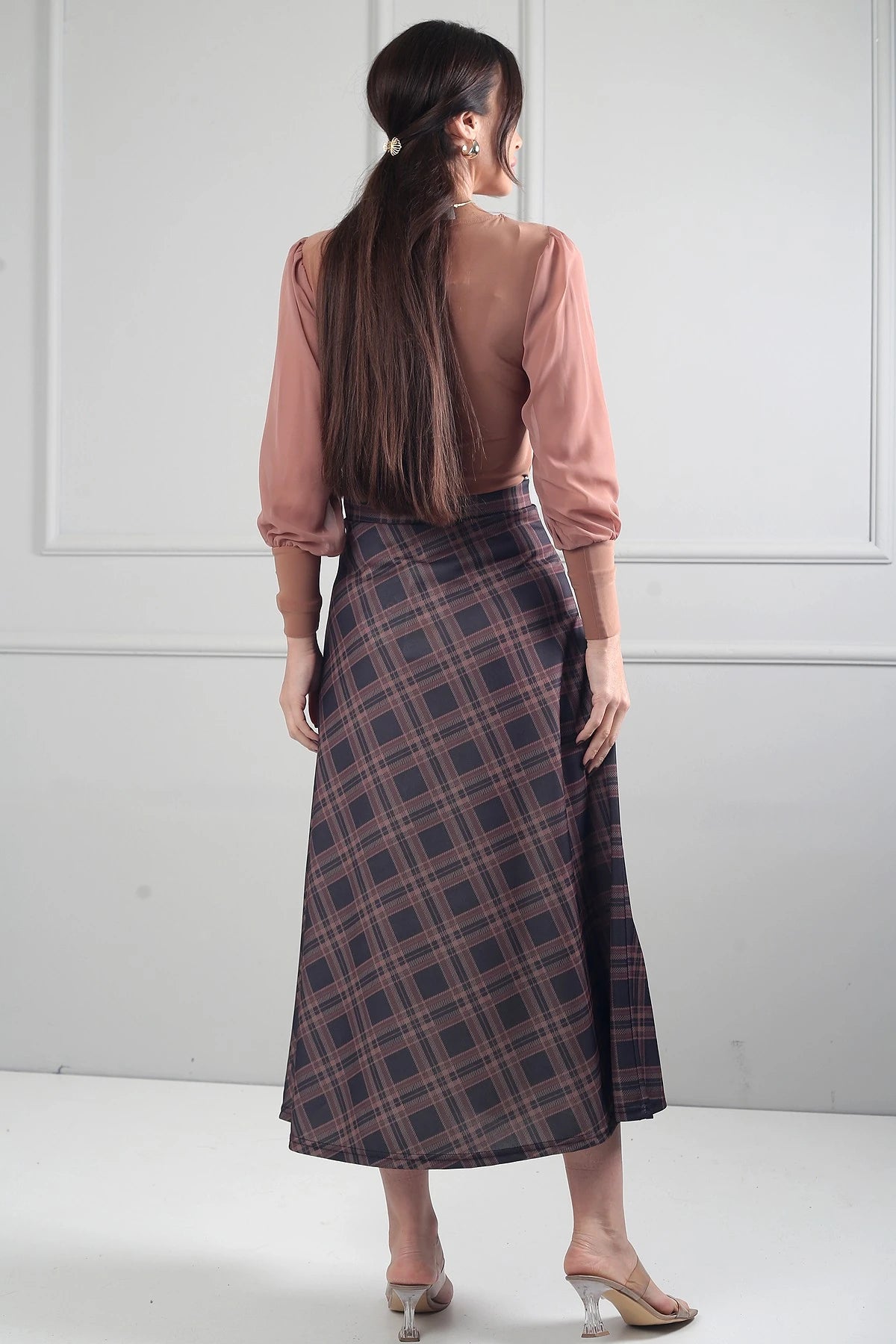 Image of Women's Elastic Waist Plaid Viscose Satin Lycra Long Skirt