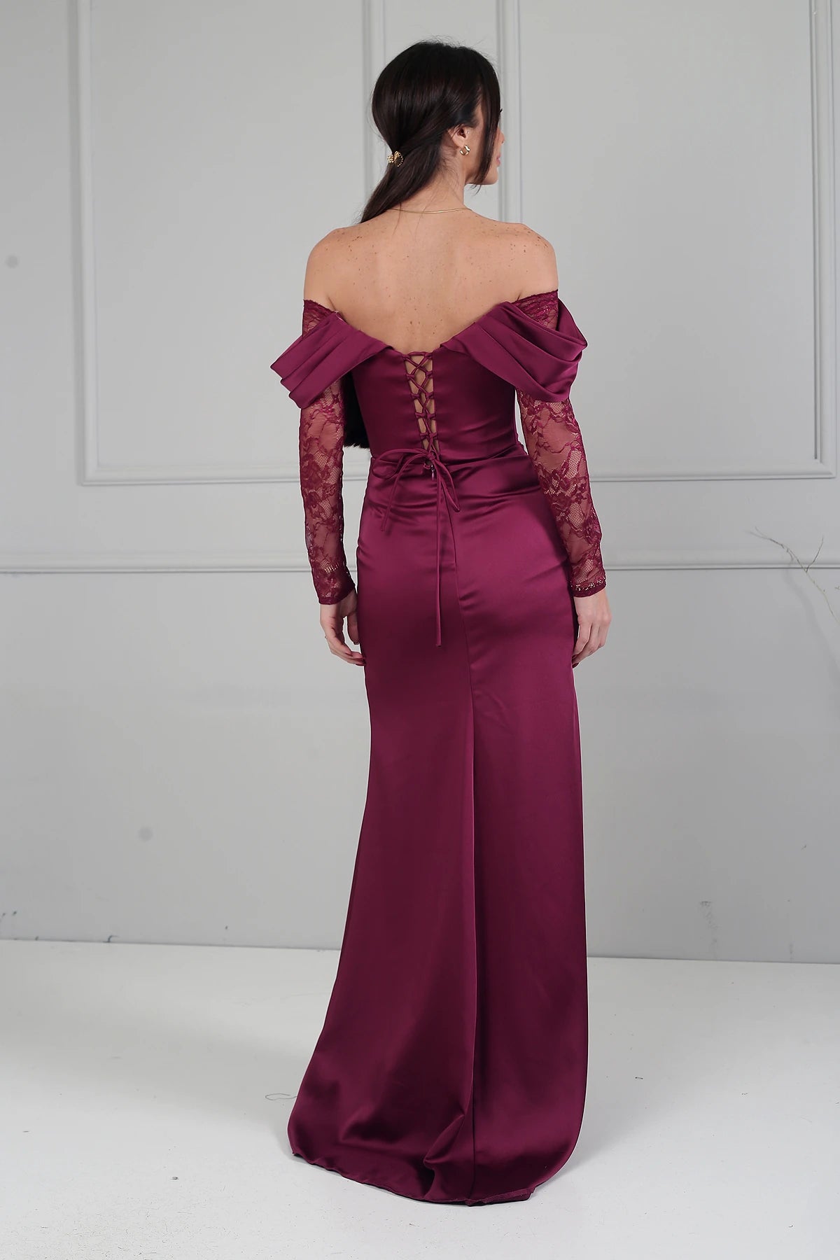 Image of Women's Boat Neck Lace Sleeve Lined Long Satin Dress