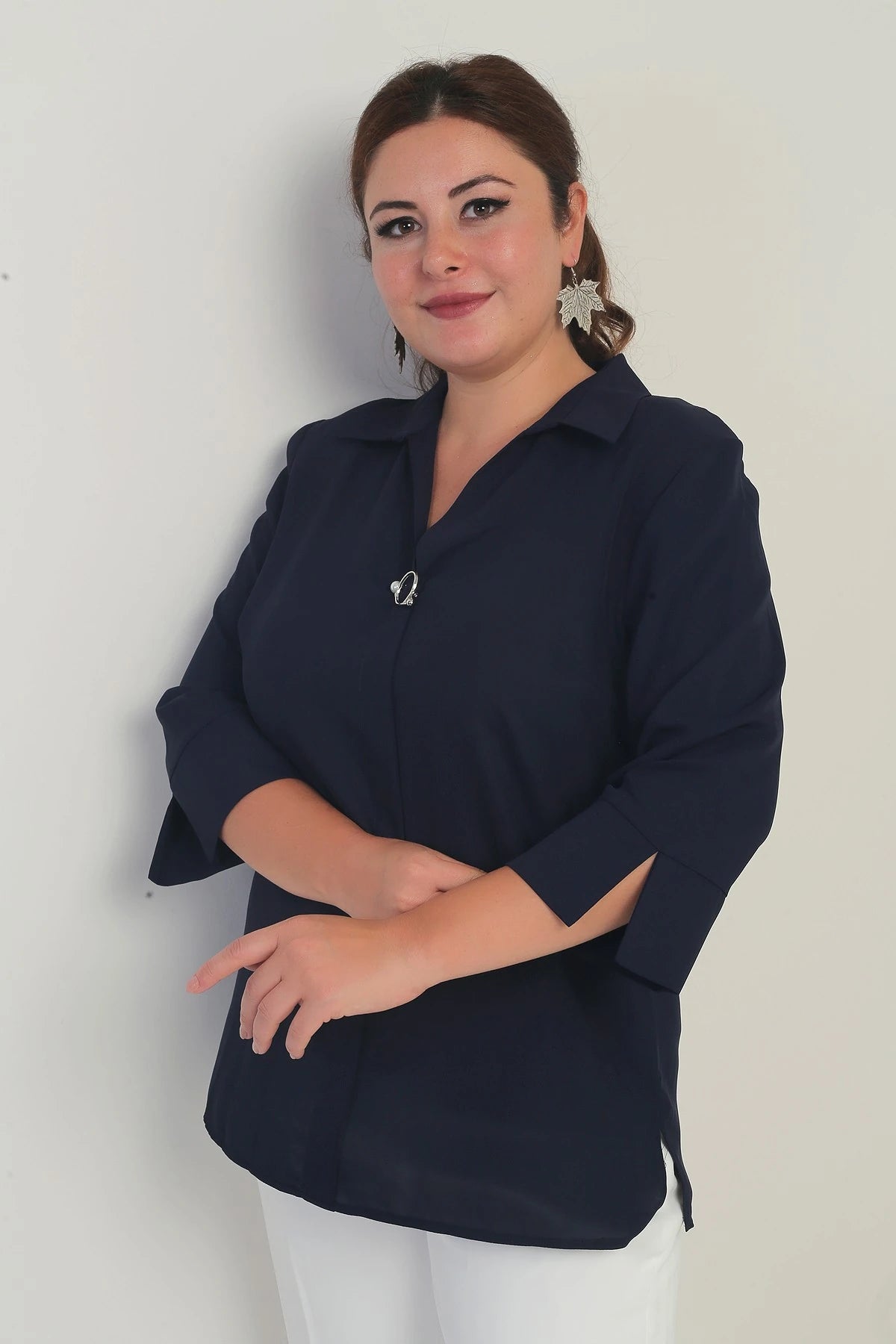 Image of Polo Yaka Çeyrek Kol Büyük Beden Bluz