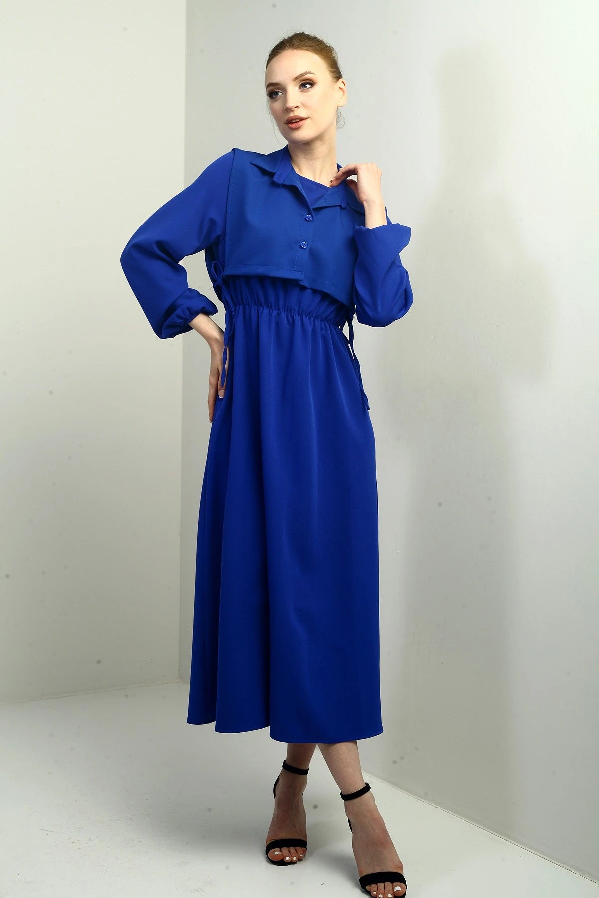 Image of Women's Button-Down Detachable Vest, Elastic Waist, Long-Sleeved Midi Dress