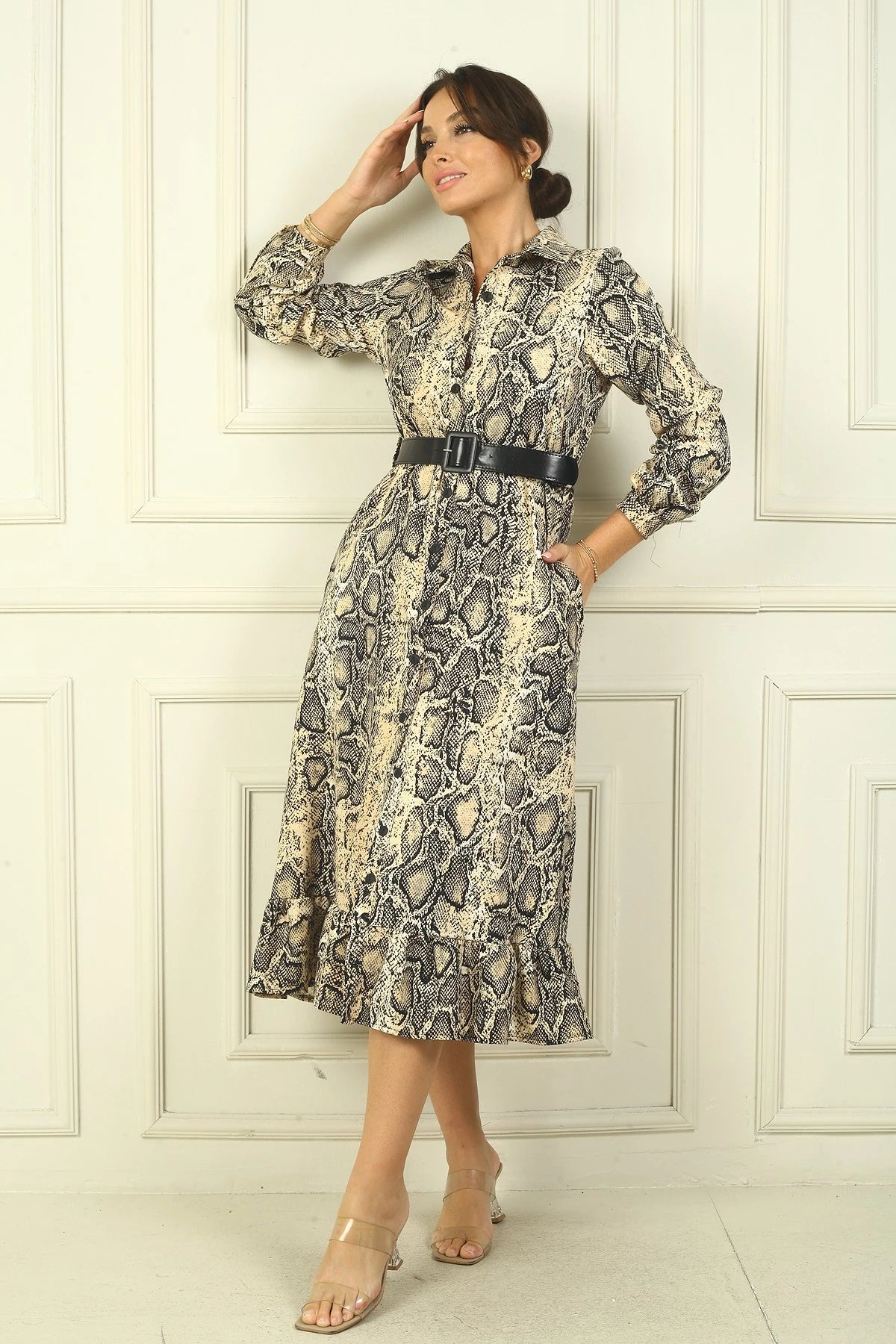 Image of Women's Shirt Collar Long Sleeve Button-Front Snake Pattern Belted Dress