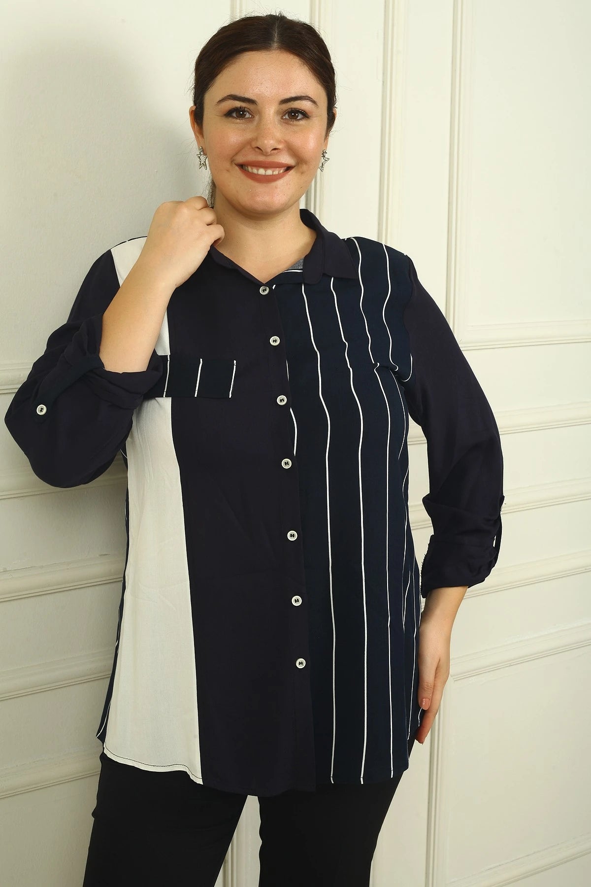 Image of Women's Single Pocket, Fold-Up Sleeve Striped BB Shirt