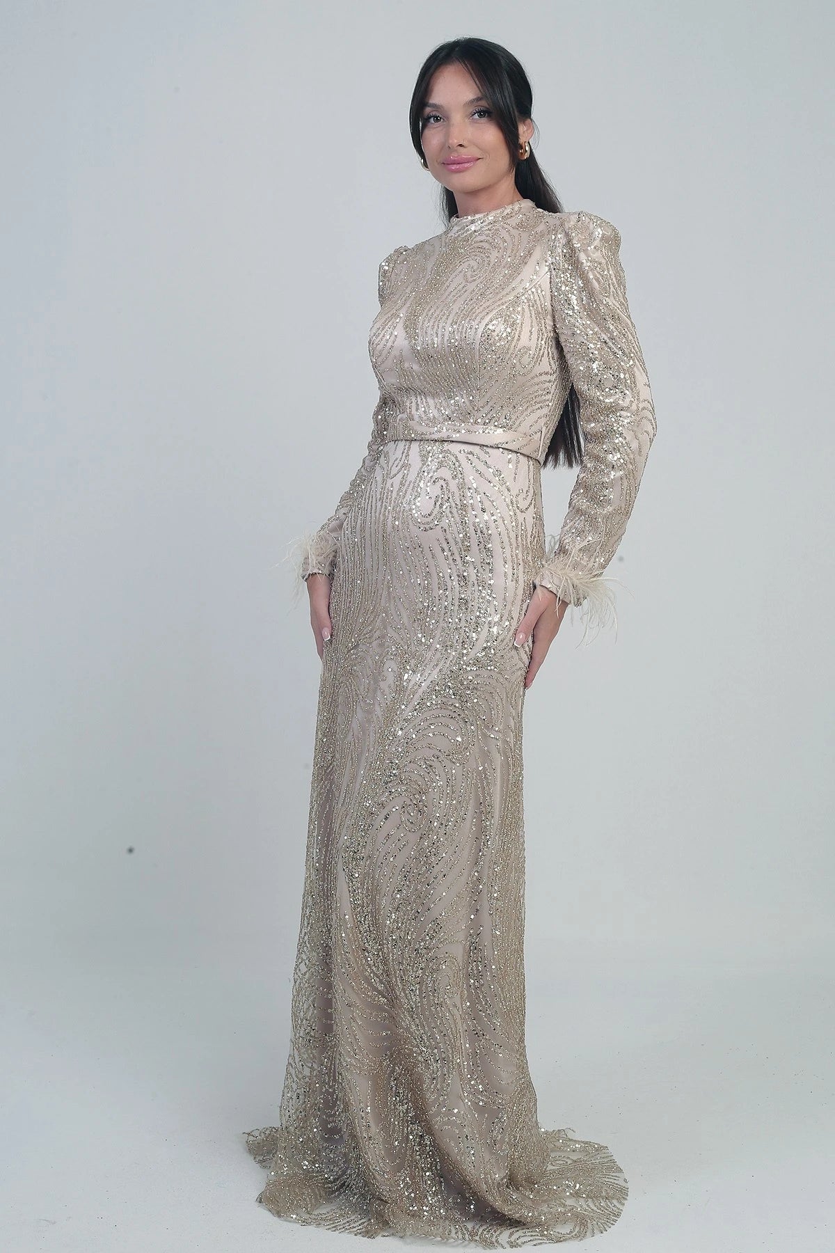 Image of Women's Long Tulle Dress with Feathered Sleeves, Beads and Sequins, and Lining