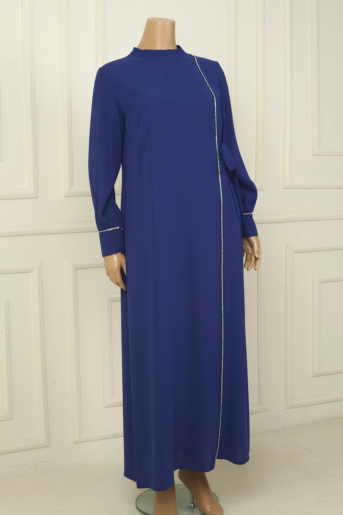 Image of Women's Plus Size Long Crepe Dress with Zippered Sleeves, Stone Embellishments, and Side Tie Closure