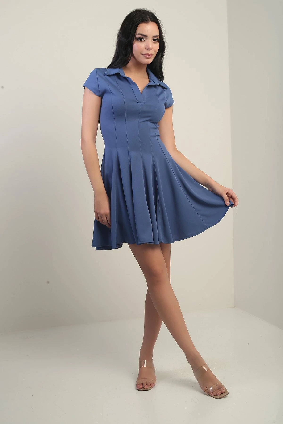 Image of Women's Polo Collar Long Sleeve Lycra Flared Short Dress