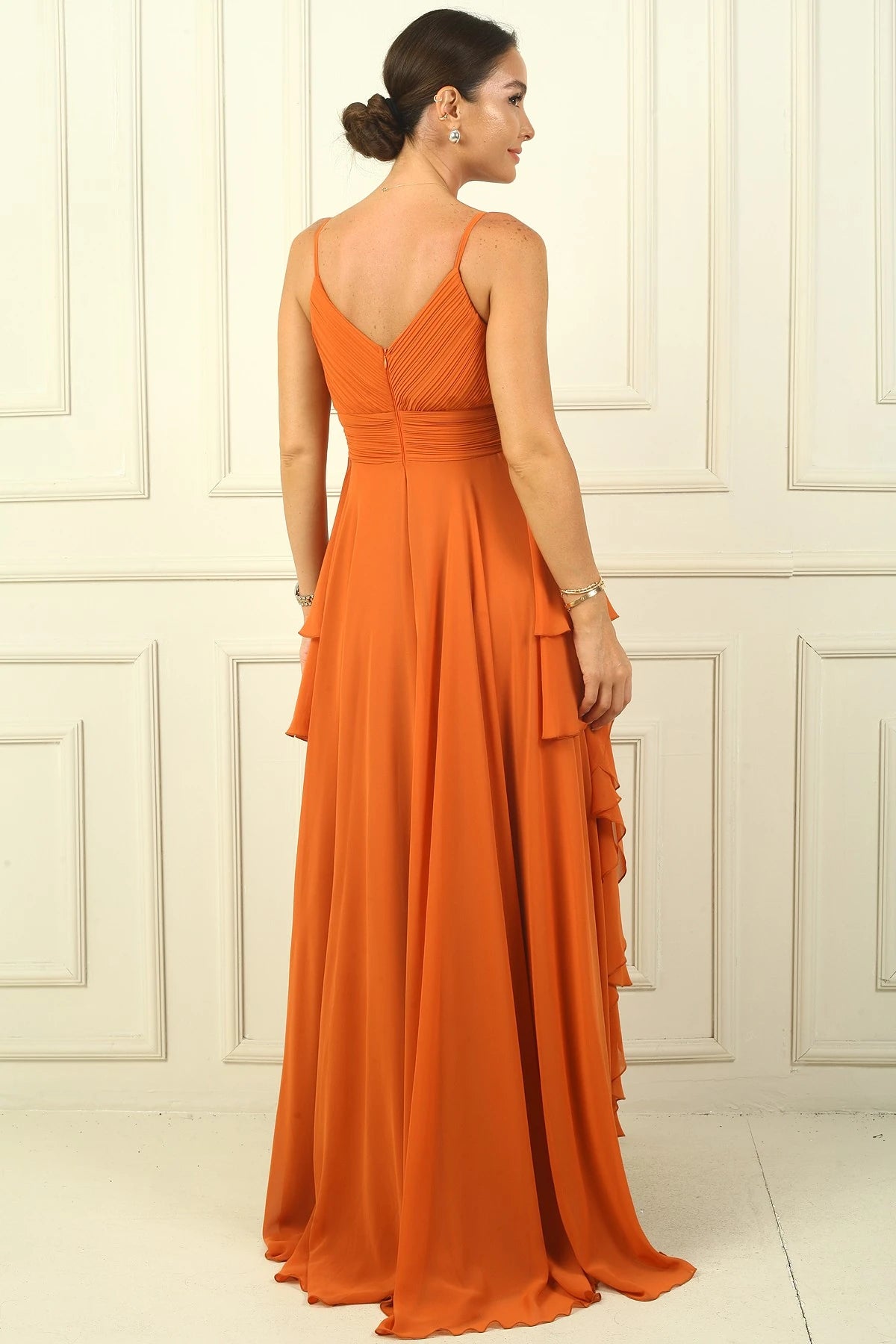 Image of Women's Strappy, Side Slit, Lined, Ruffled Chiffon Long Dress