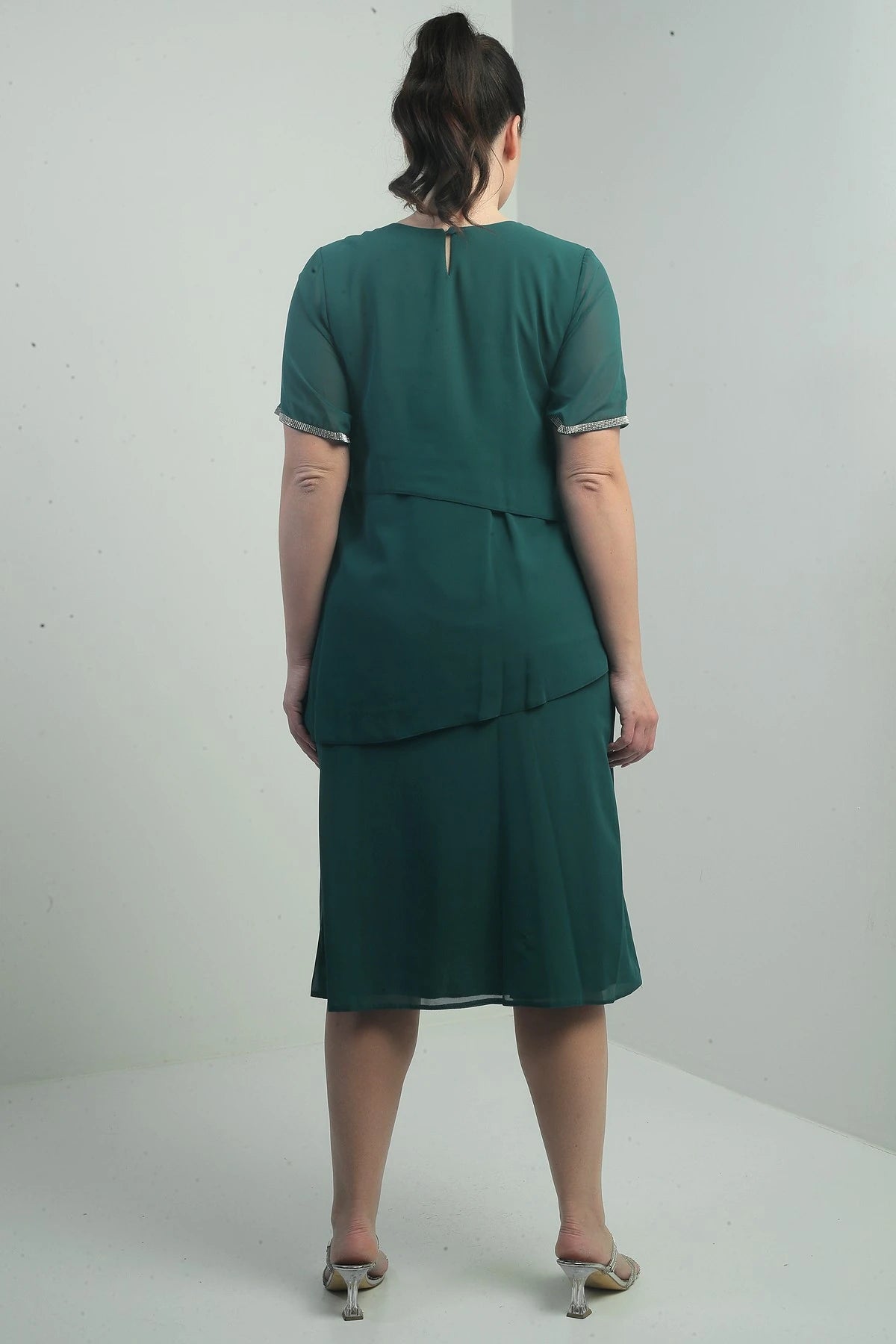 Image of Women's Plus Size Dress with Stone Embellishments, Lined, Short Sleeves, and Three Layers of Chiffon.