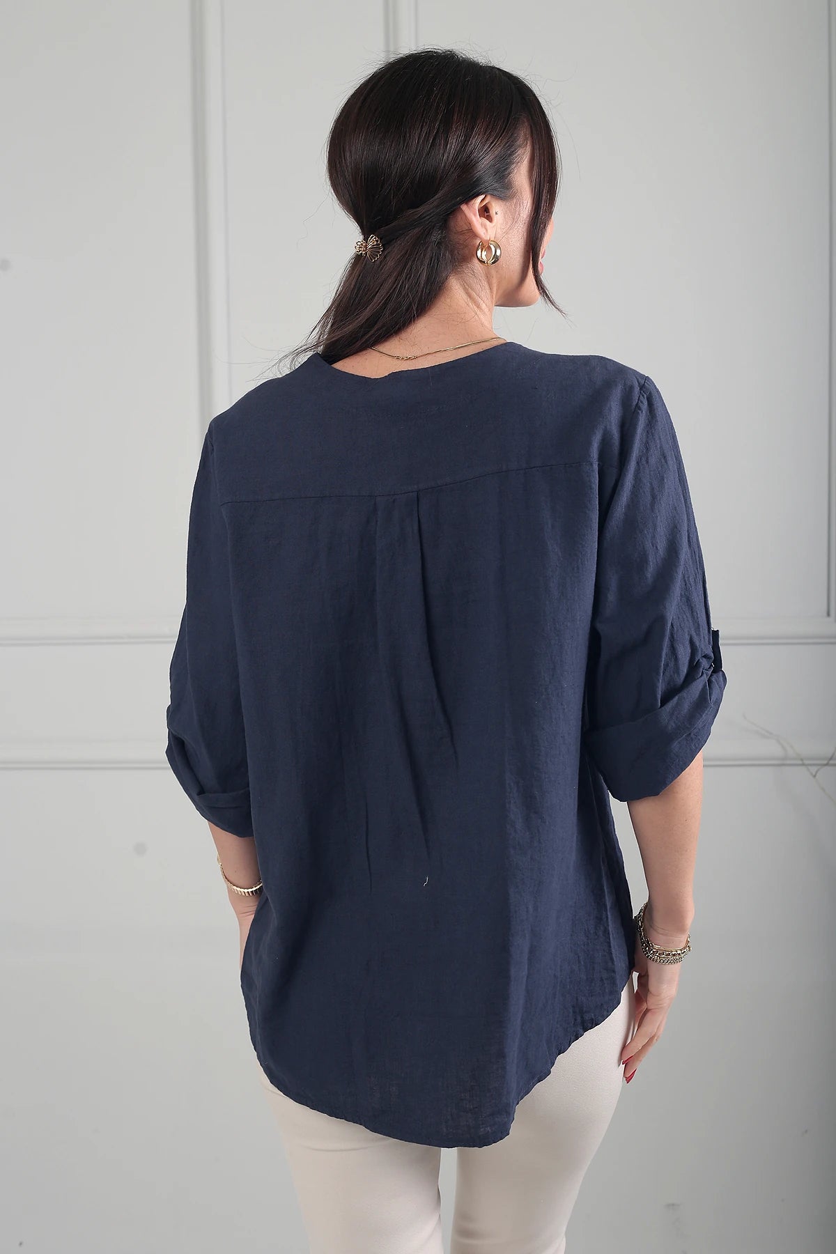 Image of Kadın Düğme Detaylı İtalyan Cotton Oversize Bluz