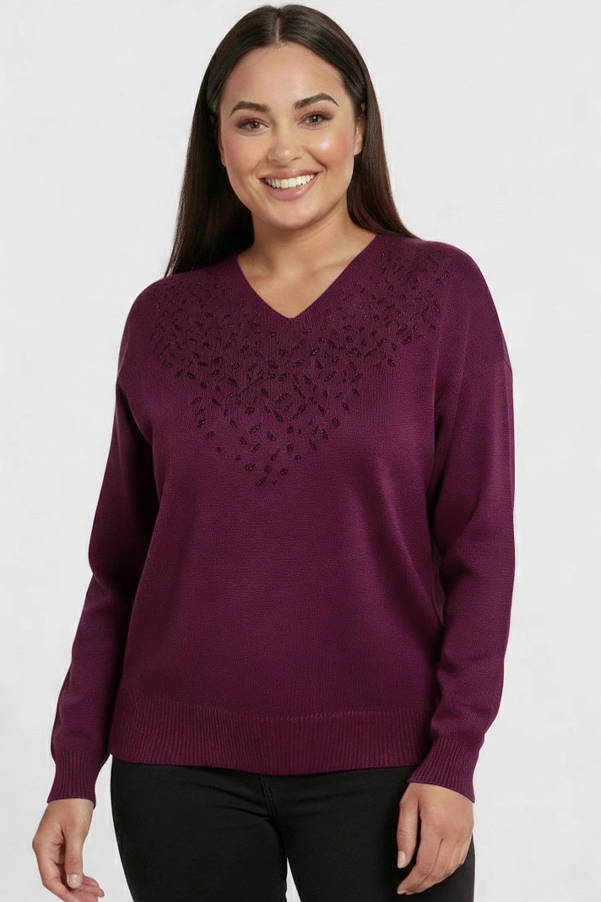 Image of Women's V-Neck Plus Size Knitted Blouse with Glitter Detail on the Front