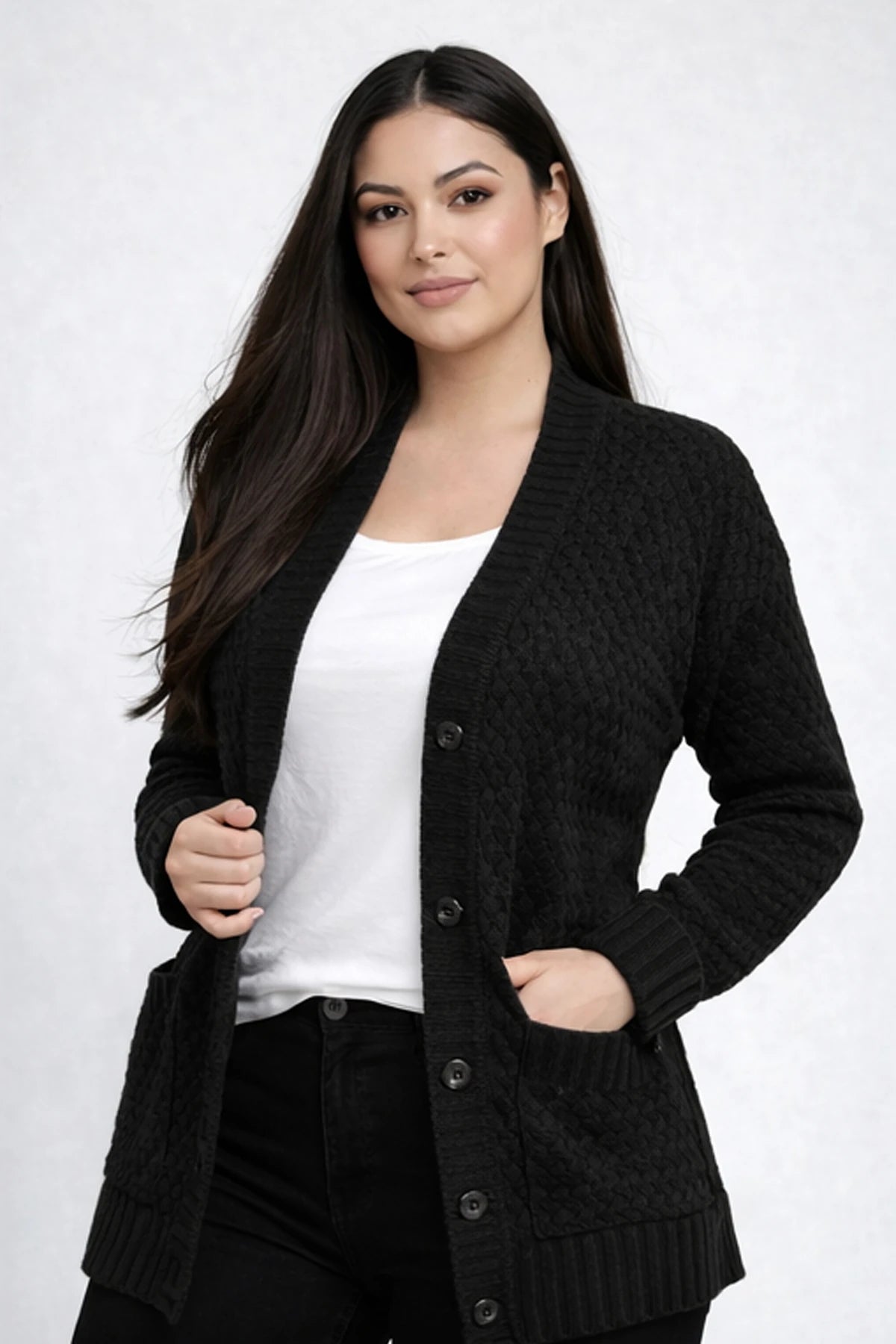 Image of Women's Basket Weave Pattern Pocketed Tunic Cardigan