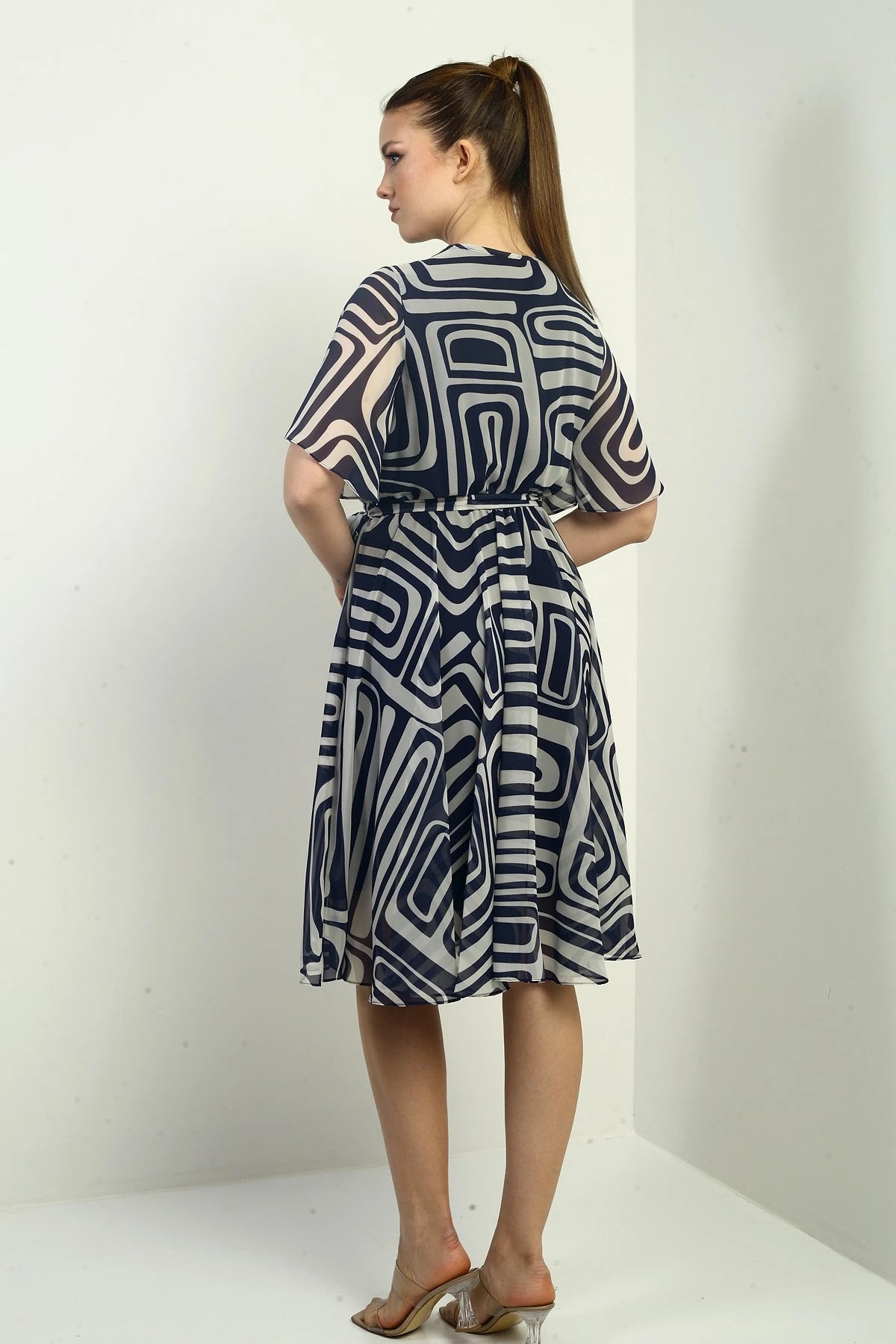 Image of Women's Wrap Neckline Belted Lined Geometric Pattern Chiffon Dress