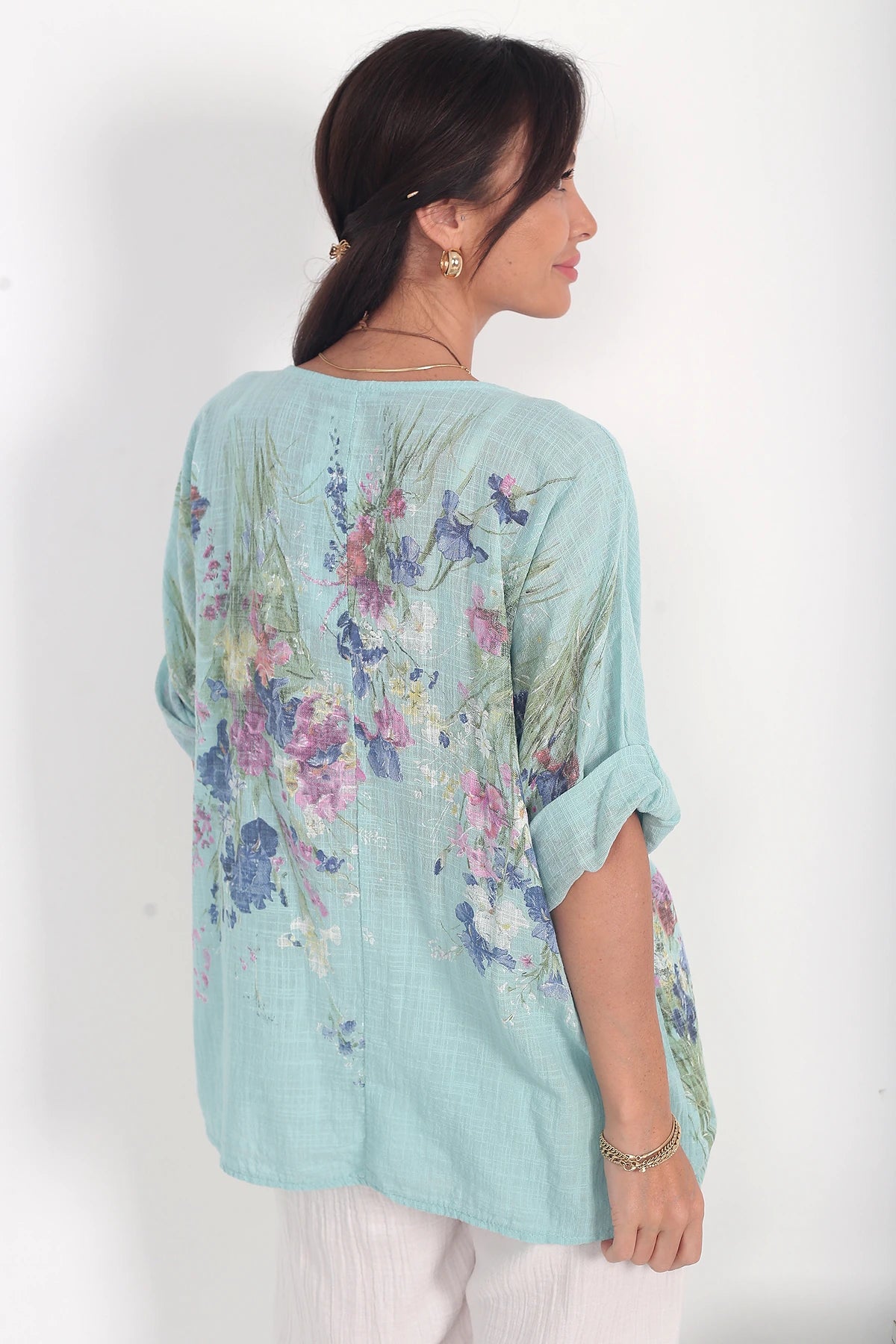 Image of Kadın İtalyan Cotton Çiçek Desenli Oversize Bluz