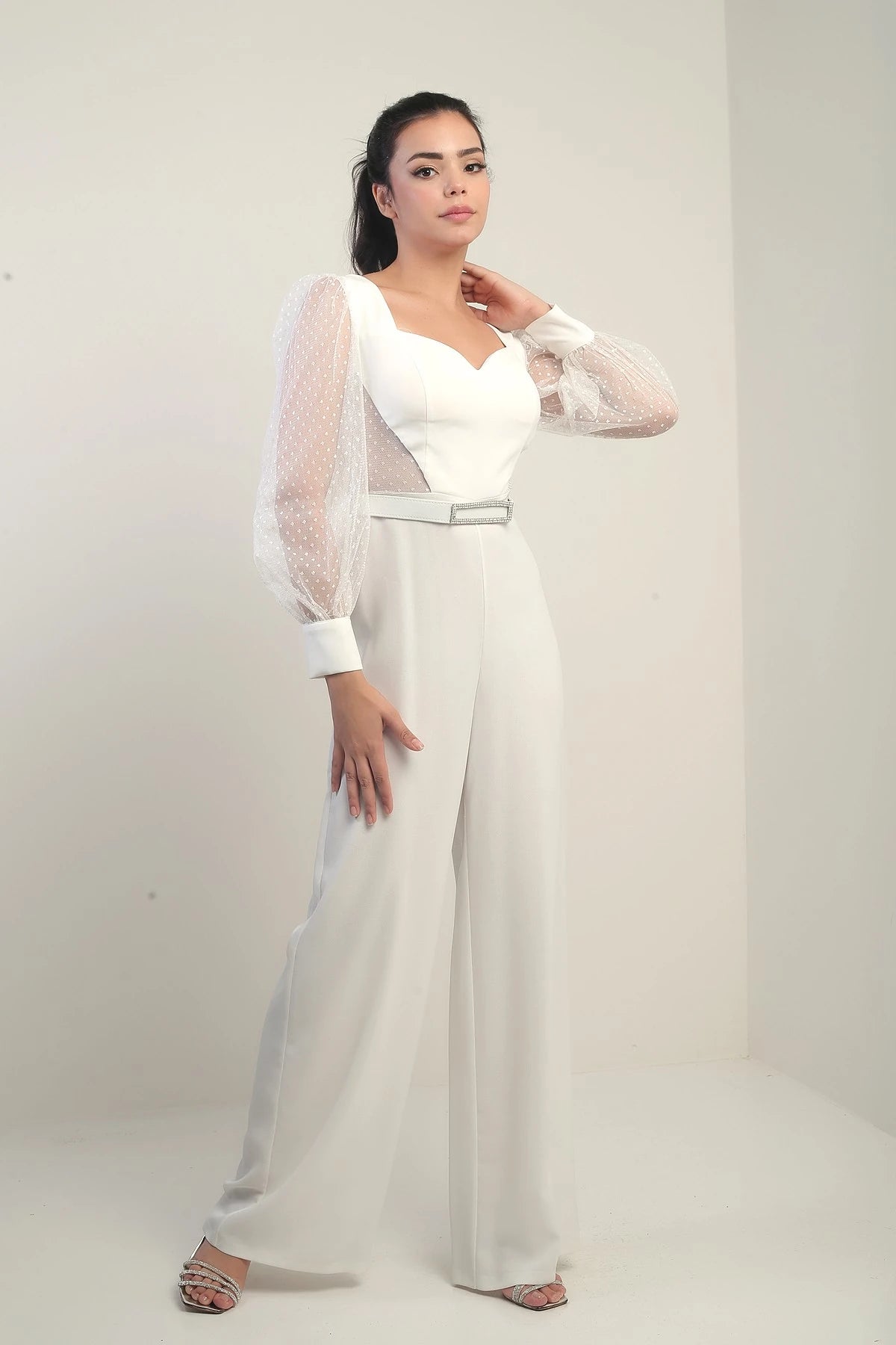 Image of Women's Sweetheart Neckline Long Tulle Sleeved Belted Palazzo Crepe Jumpsuit