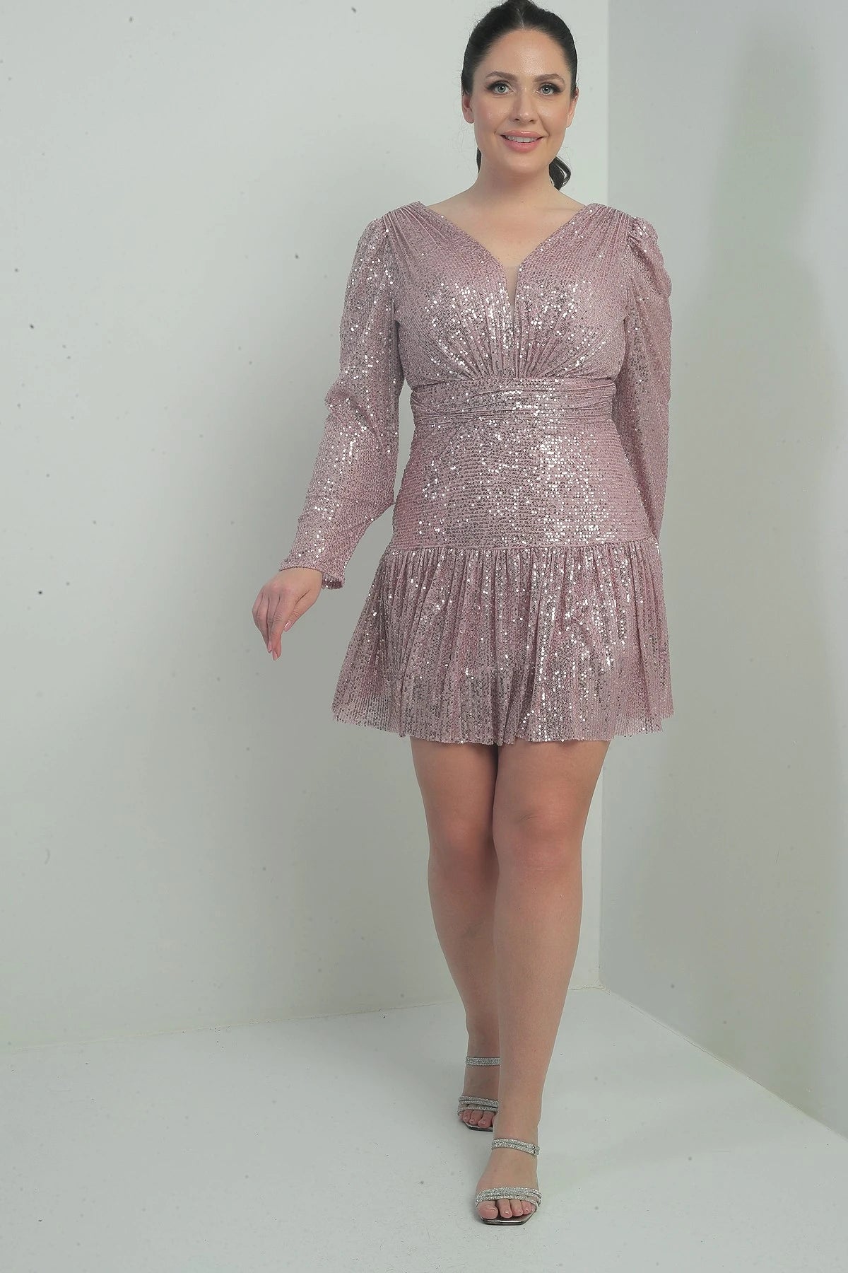 Image of Women's Front and Back V-Neck Lined Draped Long Sleeved Plus Size Sequin Dress