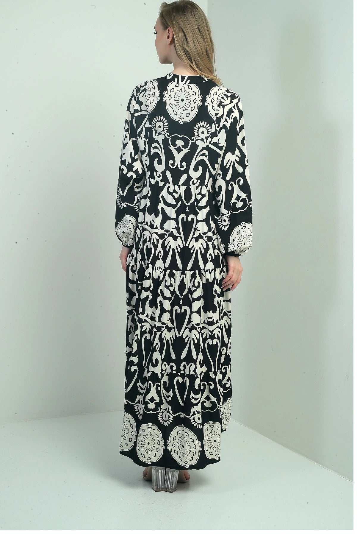 Image of Women's Mandarin Collar, Button-Front, Elasticated Cuff, Shawl Pattern Long Hijab Dress
