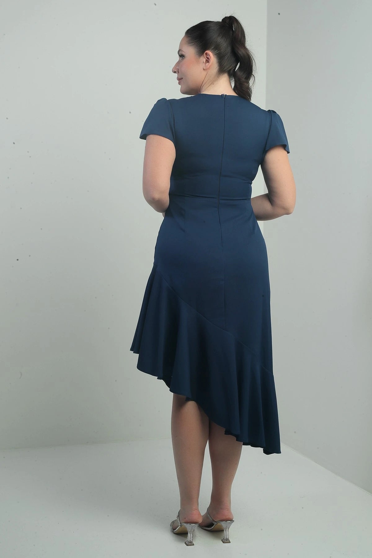 Image of Women's Wrap Neckline Draped Front Lined Ruffled Skirt Plus Size Crepe Dress