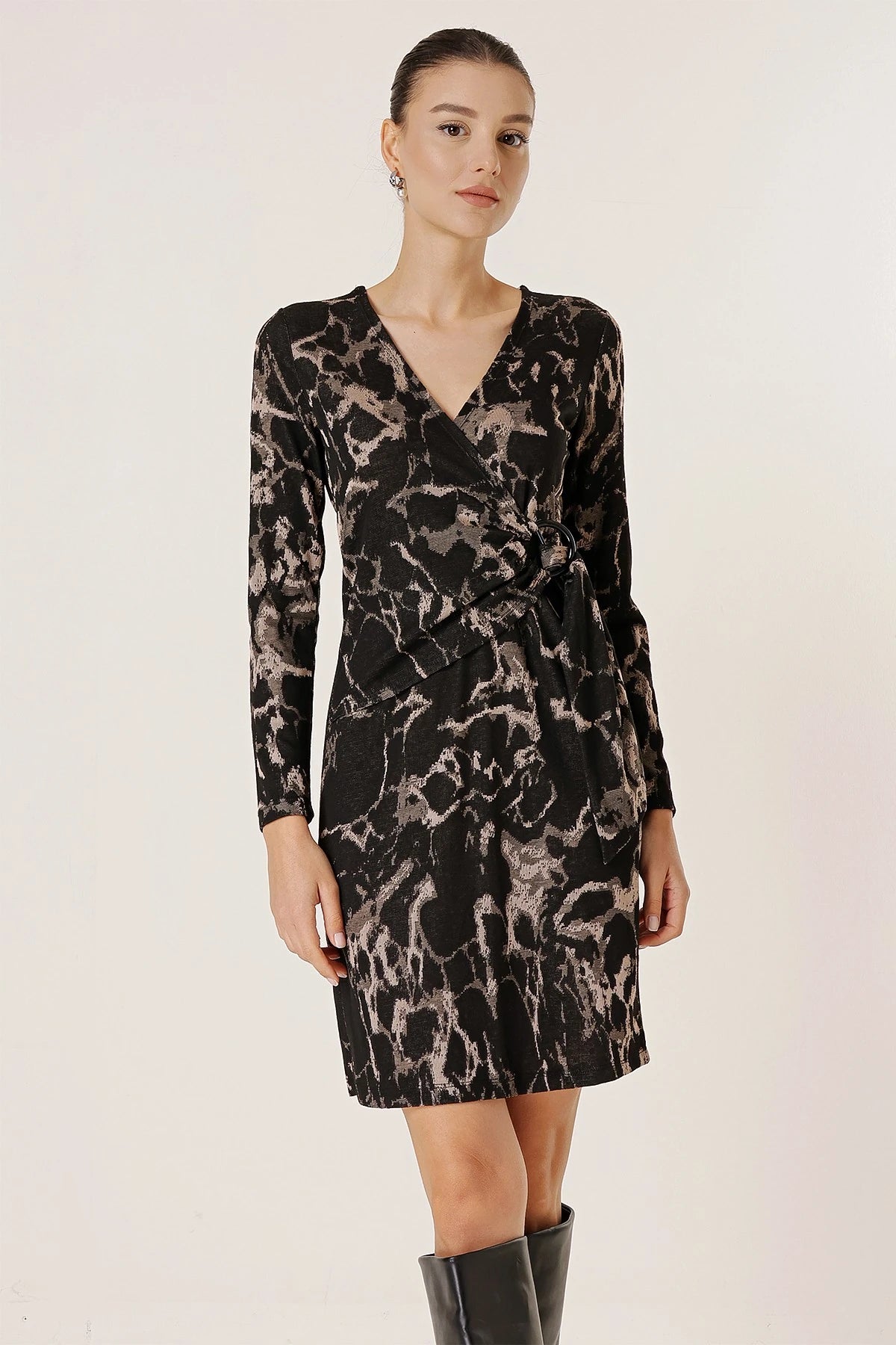 Image of Wrap Neck Buckle Detail Patterned Lycra Dress