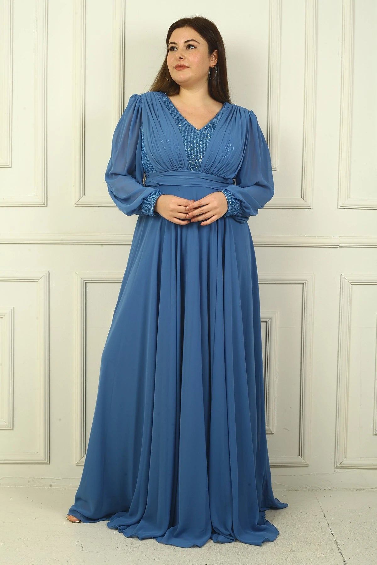 Image of Women's Front and Back V-Neck Sequined Lined Plus Size Long Chiffon Evening Dress