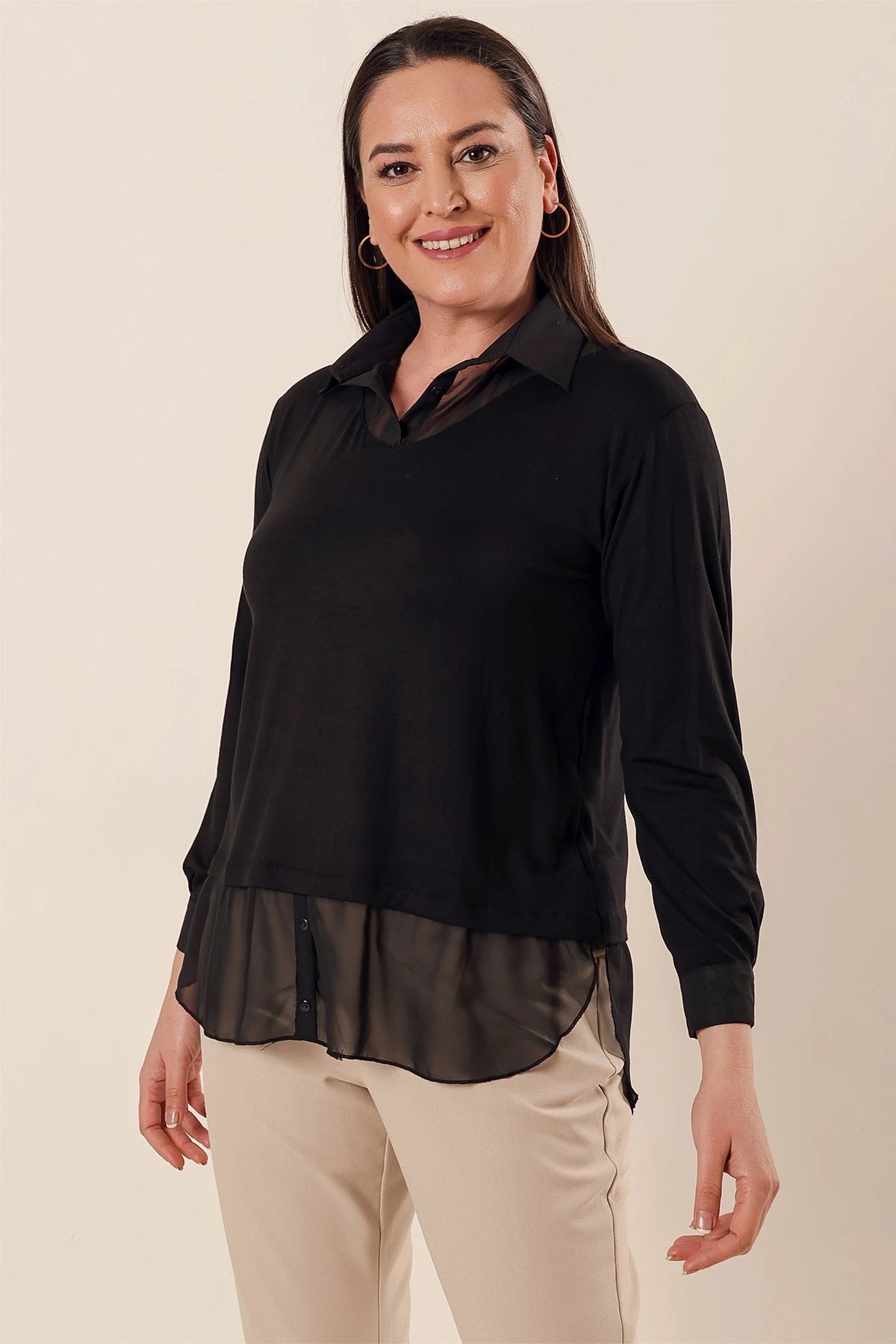 Image of Chiffon Detail Shirt Collar Relaxed Fit Plus Size Blouse