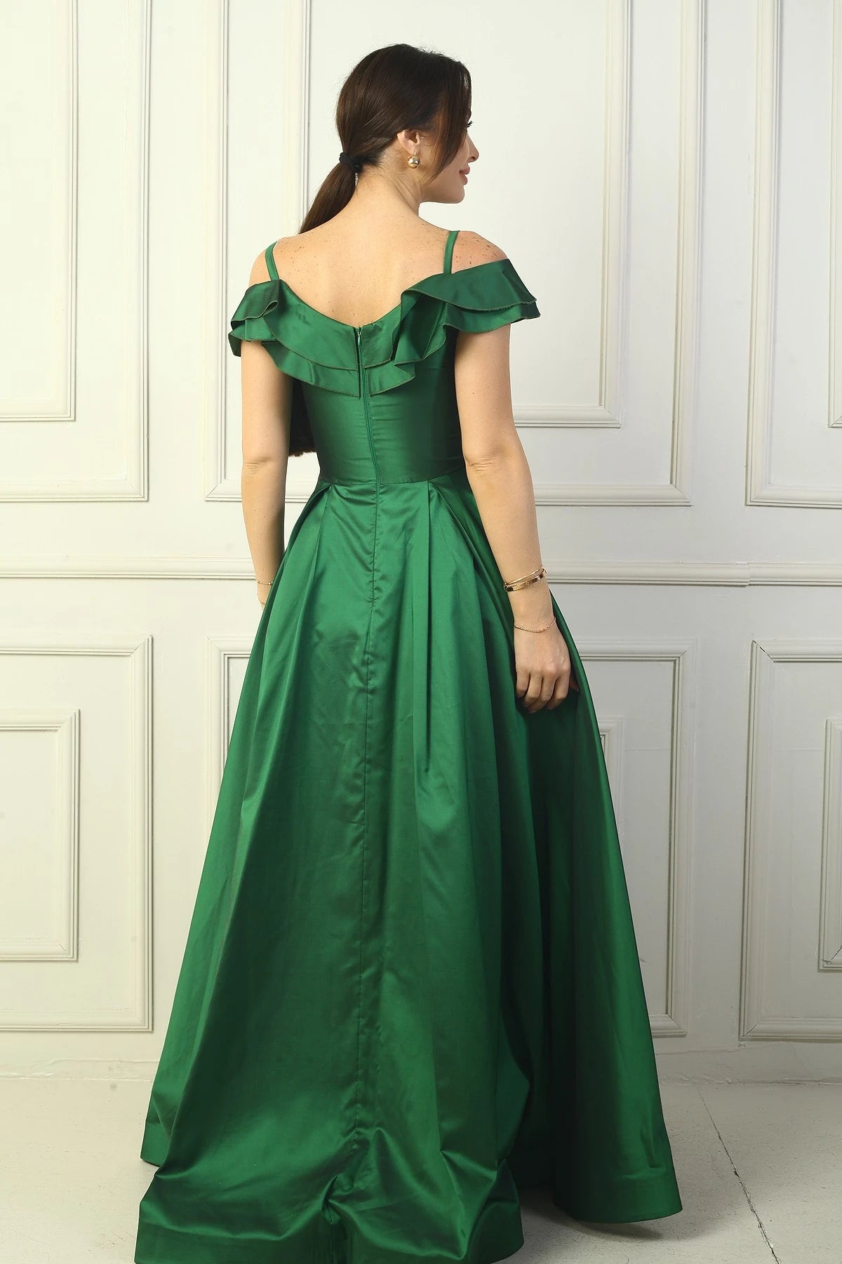 Image of Women's Strappy Boat Neck Long Taffeta Evening Dress with Rose Detail, Lined, and Pockets