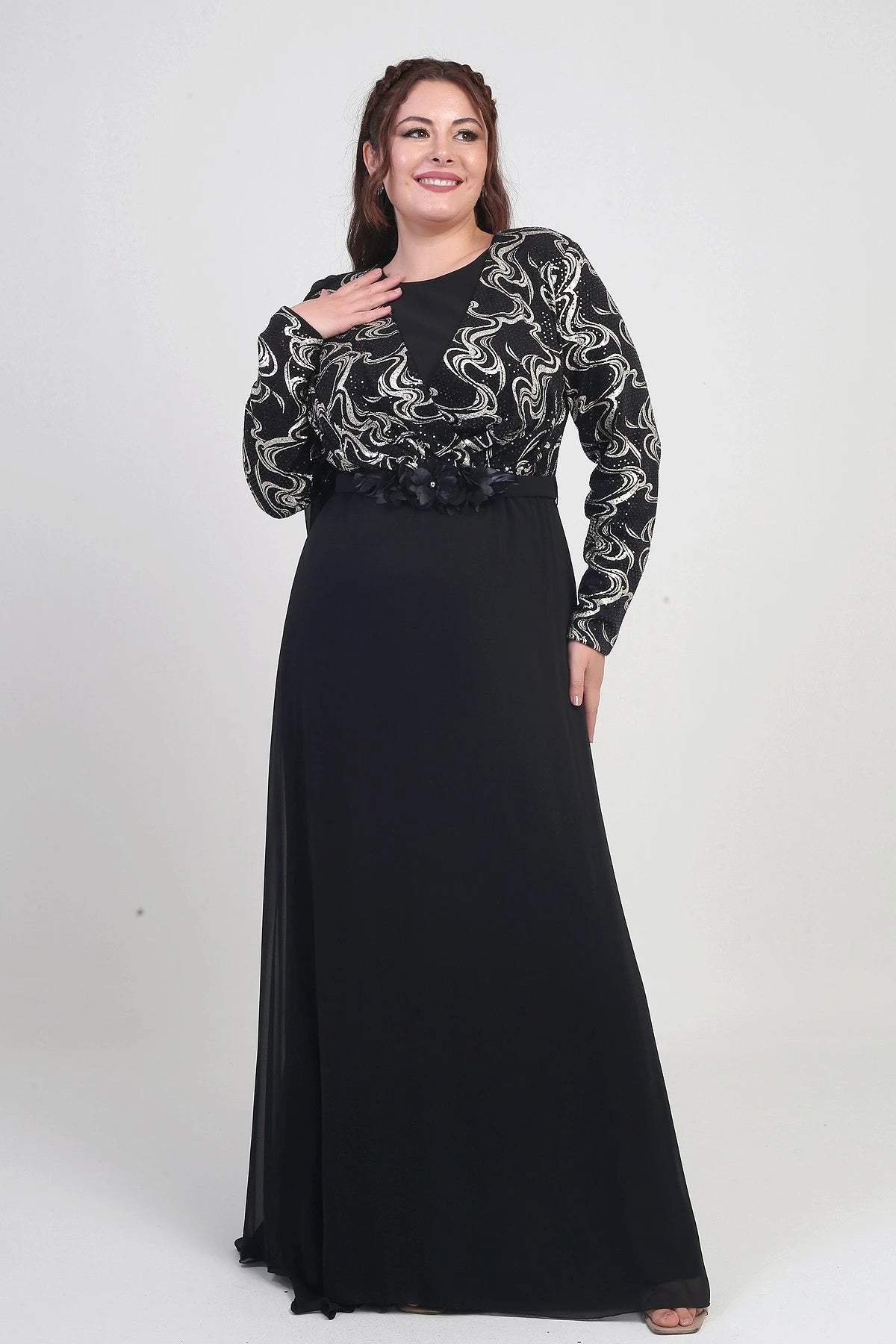 Image of Women's Wrap-Neck Style Sequined Lined Chiffon Long BB Dress