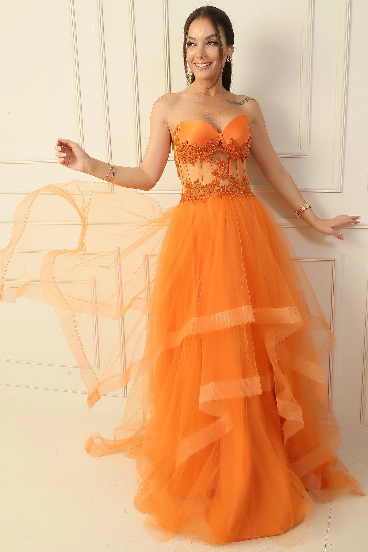 Image of Long, Layered Tulle Taffeta Evening Dress with Beaded Embellishments