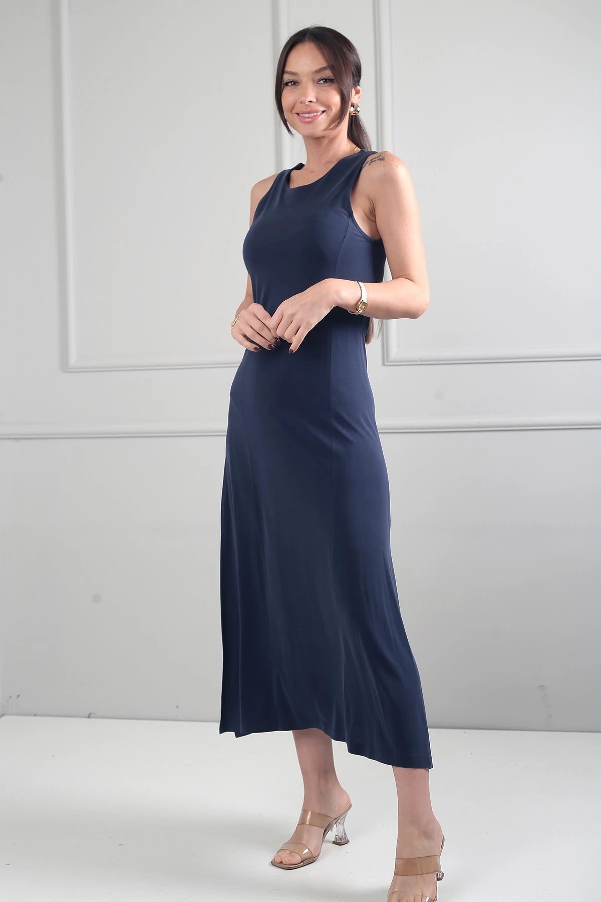 Image of Women's Round Neck Long Dress with Side Slits and Lycra Fabric