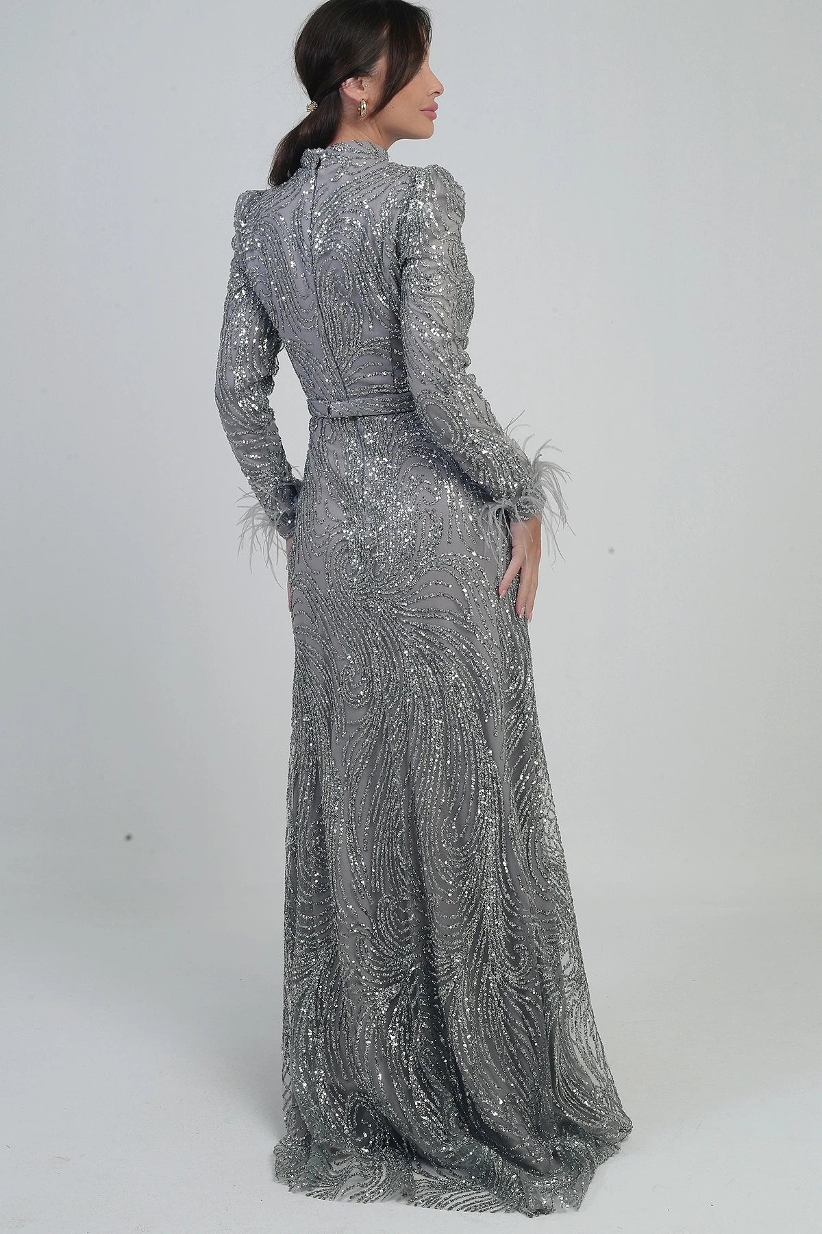 Image of Women's Long Tulle Dress with Feathered Sleeves, Beads and Sequins, and Lining