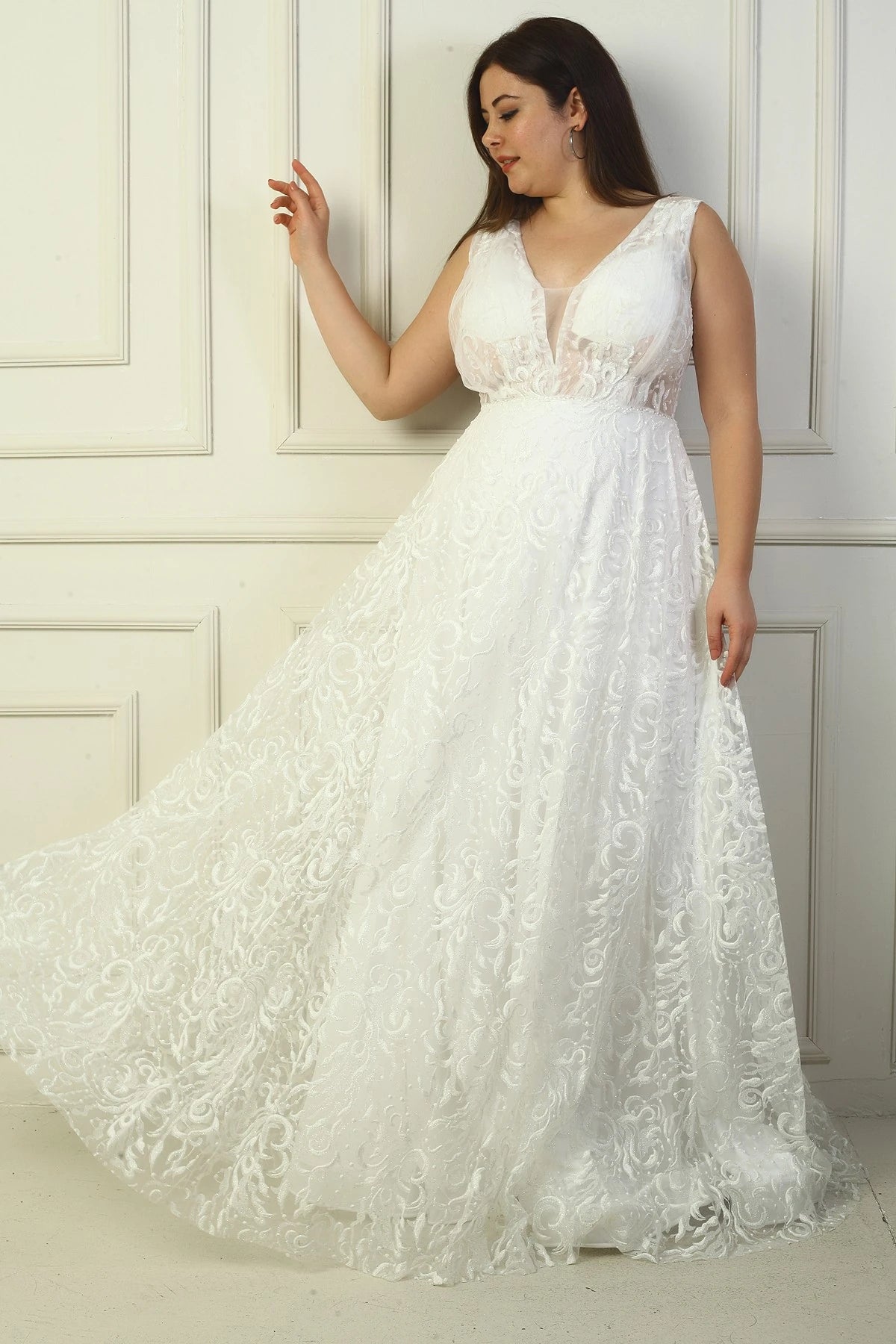 Image of Women's Front and Back V-Neck, Bust Pleat, Back Lace-up, Lined, Glitter Flock Print Long Evening Dress