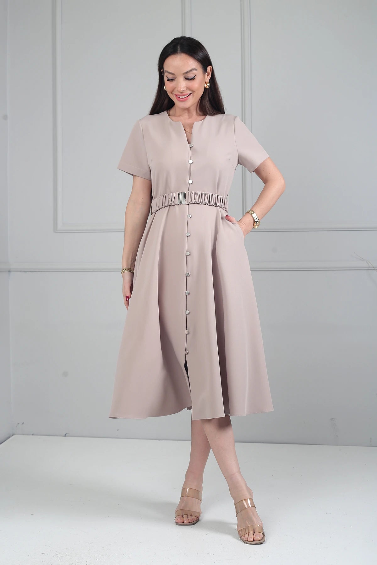 Image of Women's Short-Sleeved Midi Dress with Metal Buttons at the Front and Pockets