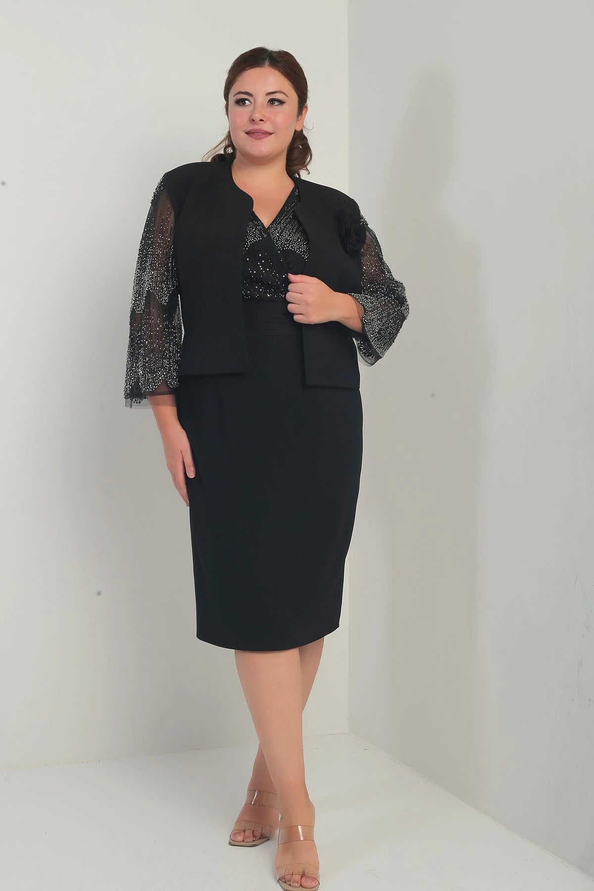 Image of Women's Wrap Neckline Draped Waist Dress with Tulle Sleeves, Lined Jacket with Sequin Details, Plus Size Two-Piece Set