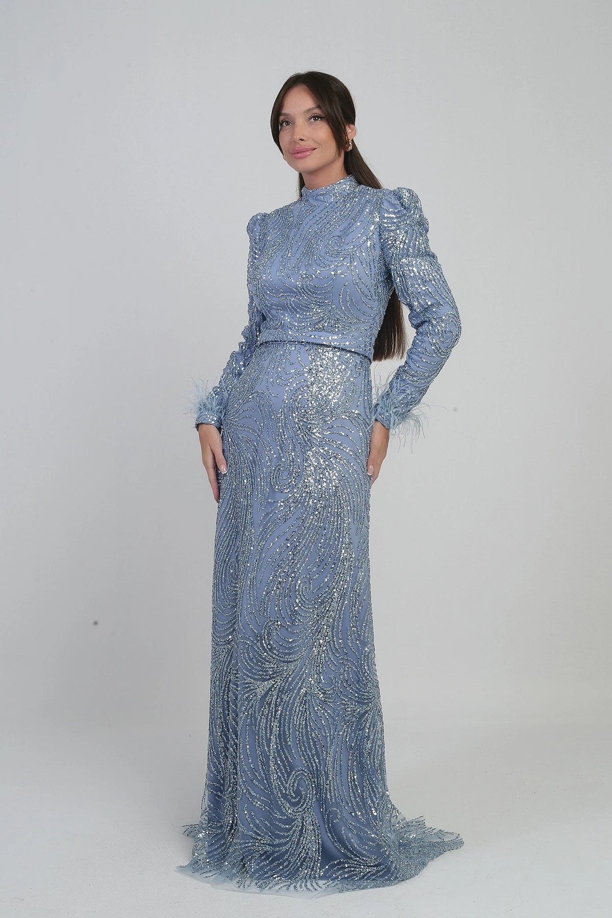 Image of Women's Long Tulle Dress with Feathered Sleeves, Beads and Sequins, and Lining