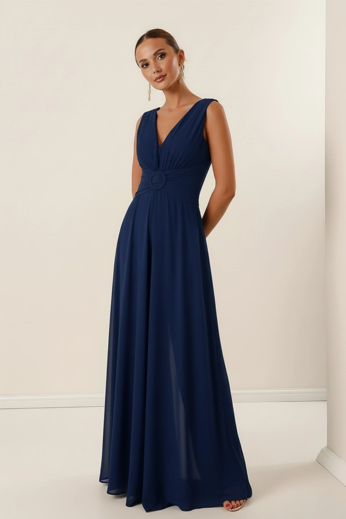 Image of Waist-detailed, front and back V-neck, lined chiffon jumpsuit.