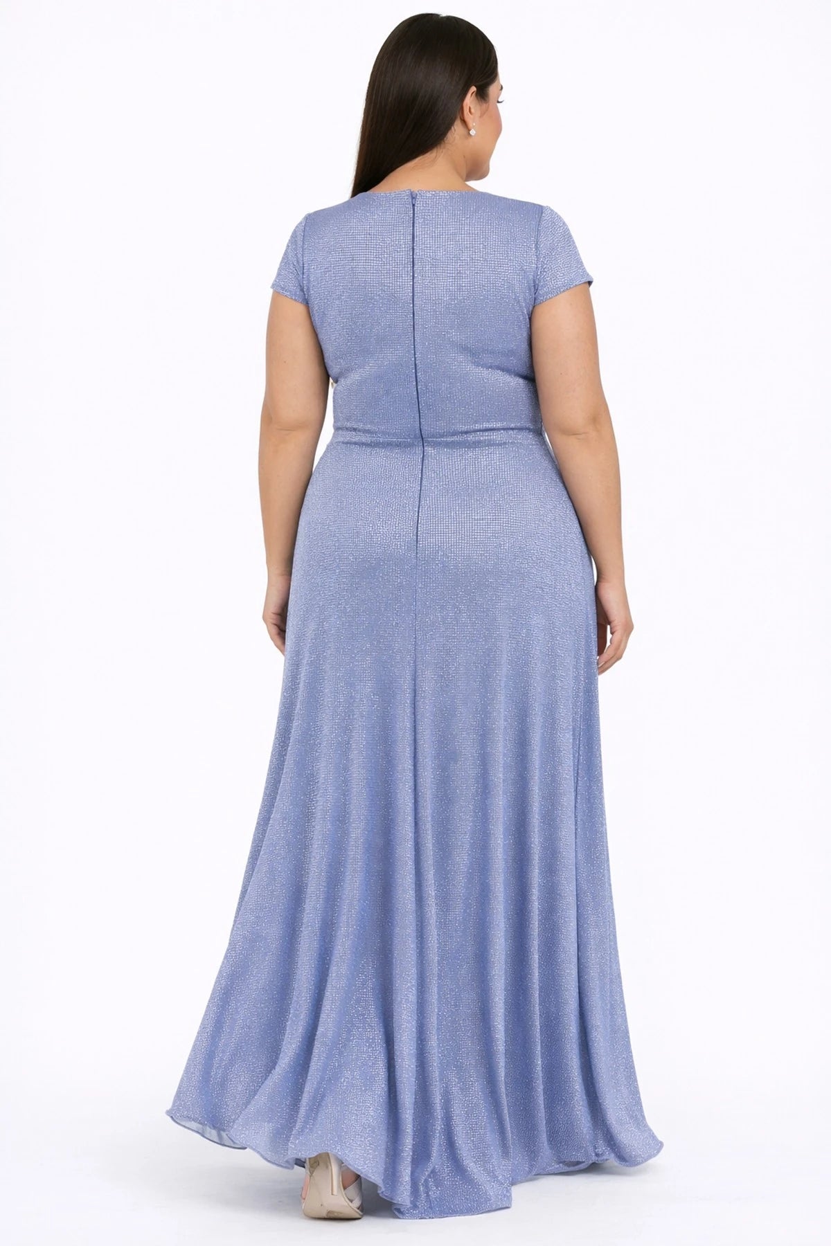 Image of Rochie lungă cu strălucire, cu decolteu în V, mânecă jumătate, căptușită, mărime plus, cu accesorii cu pietre