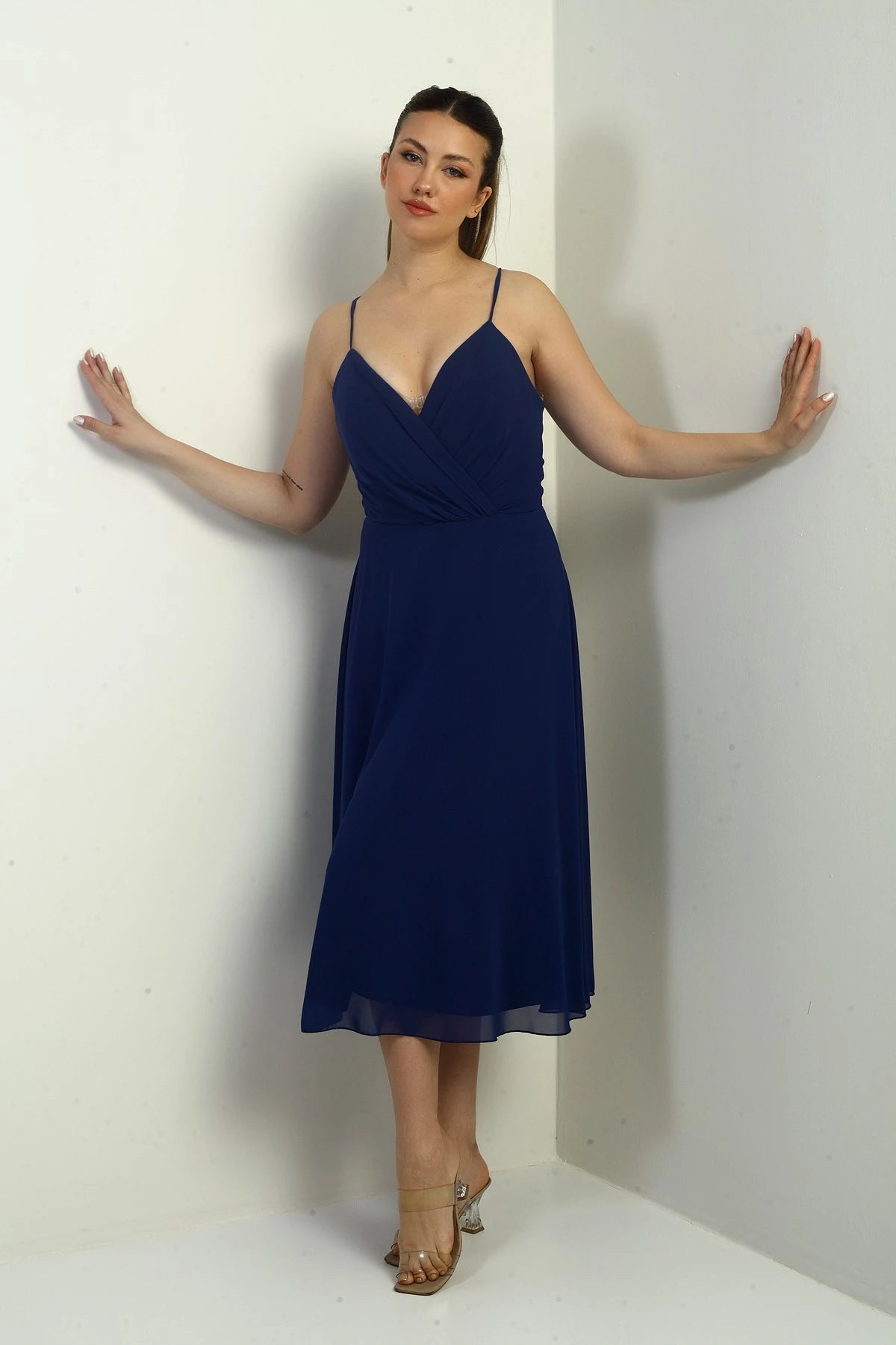 Image of Women's Strappy Wrap Neckline Lined Lace-Up Back Flared Chiffon Dress