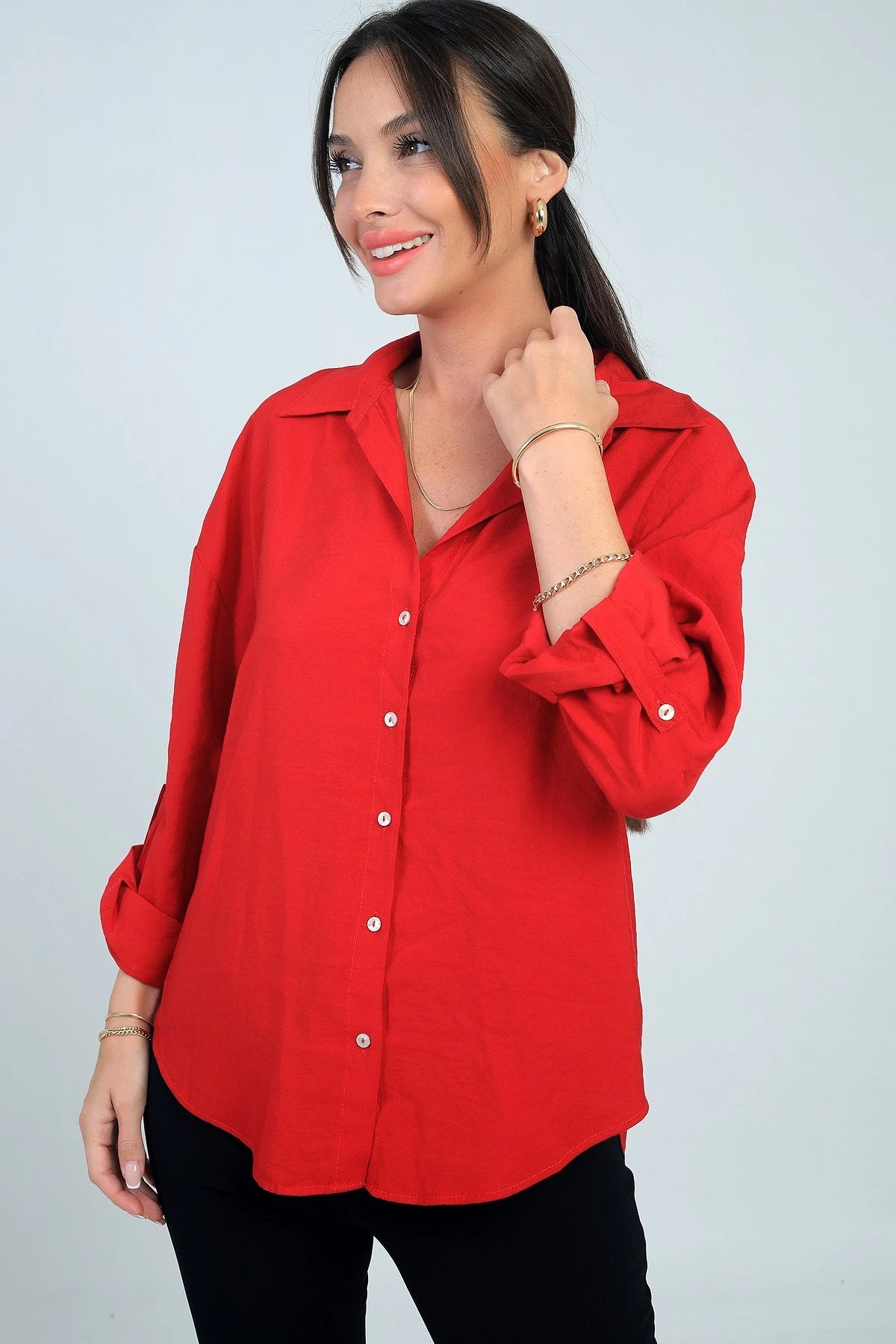 Image of Kadın Kol Katlamalı Lyocell Gömlek