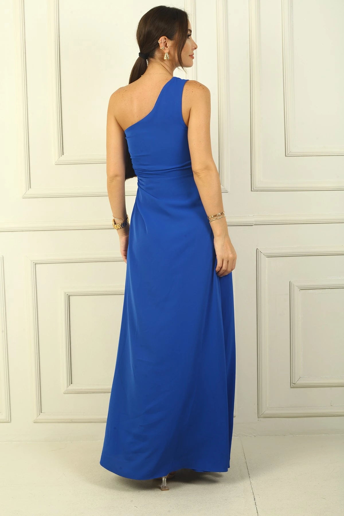 Image of Women's One-Shoulder Long Crepe Satin Dress with Side Window Detail