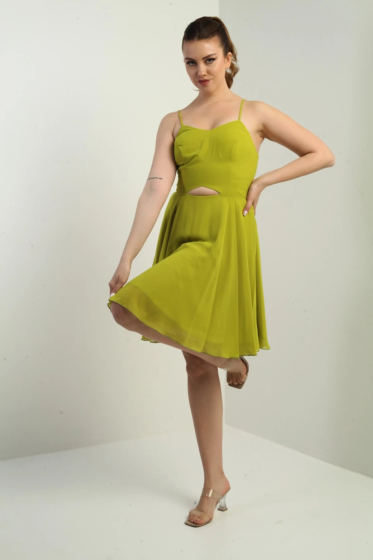 Image of Women's Strappy, Back-Tie, Front-Opening, Lined Chiffon Short Flared Dress