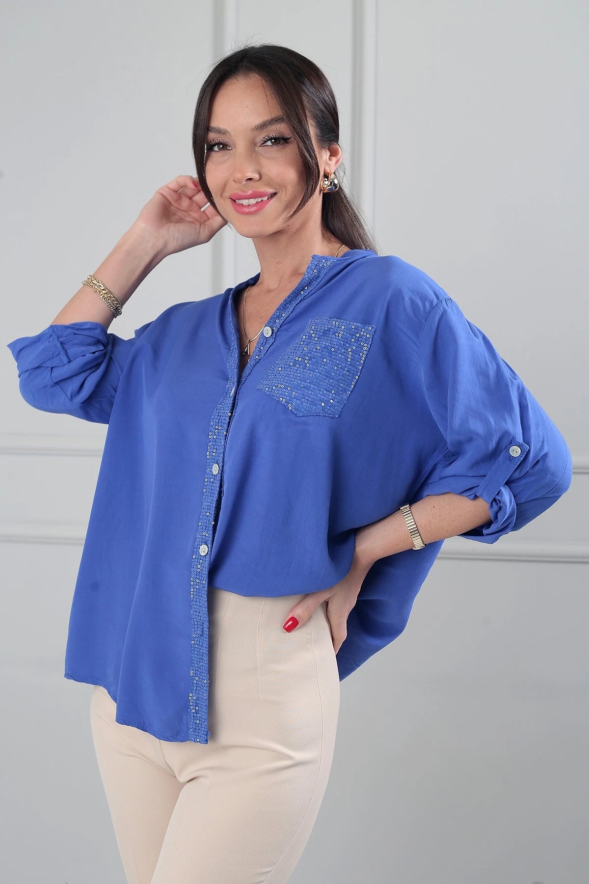 Image of Women's Oversize Imported Linen Shirt with Sequin Details and Single Pocket