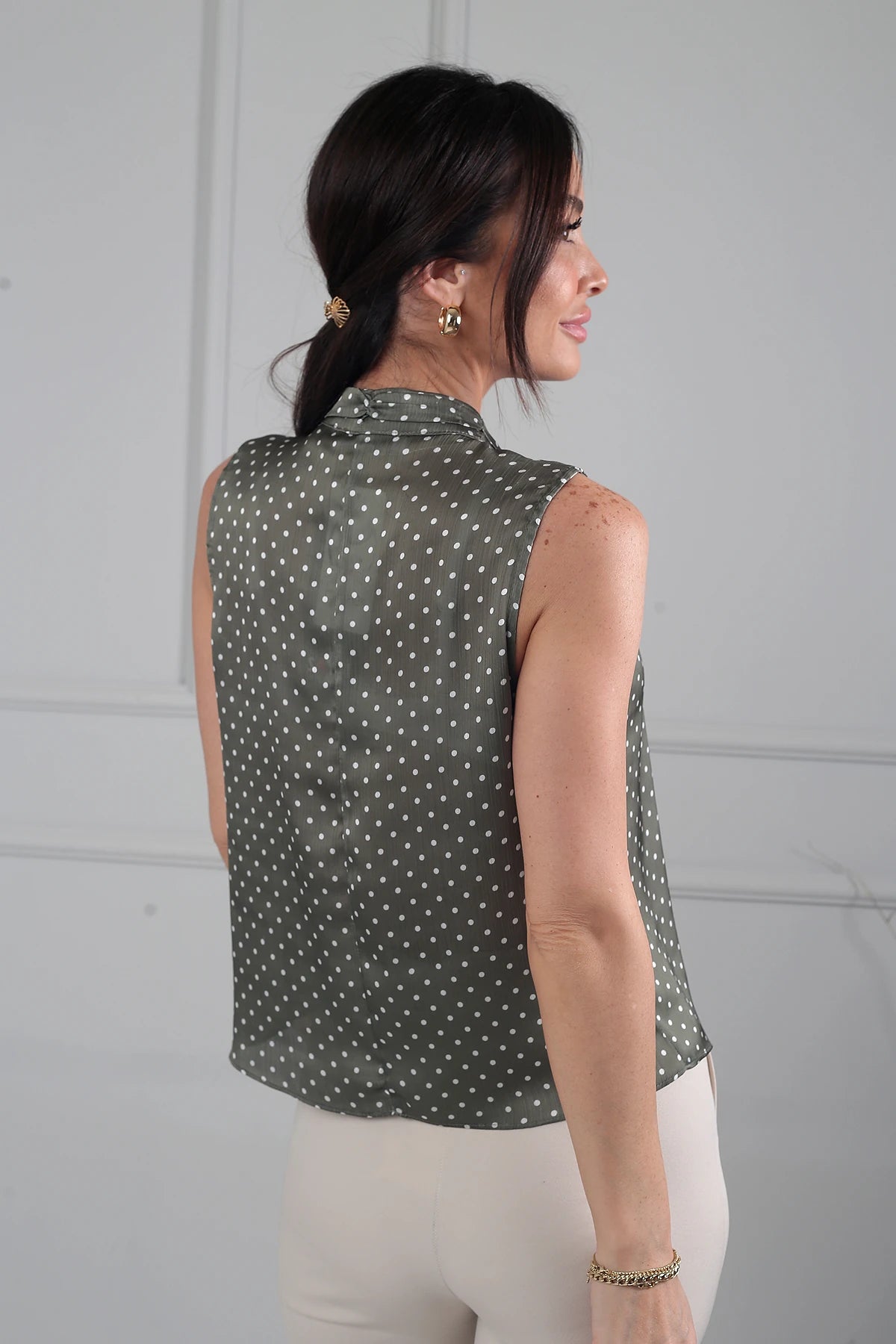 Image of Women's Polka Dot Satin Blouse with Gathered Neckline