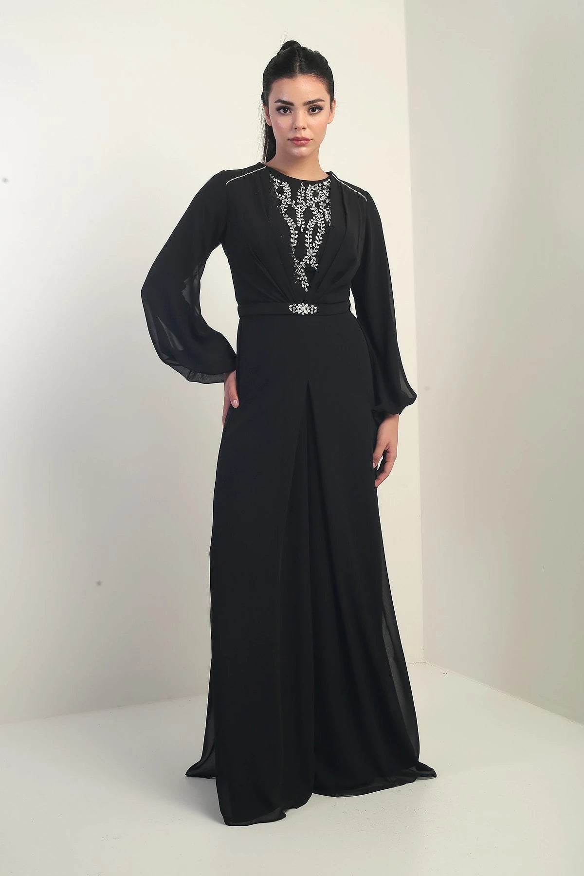 Image of Women's Front and Back Stone Detailed Lined Wide-Leg Chiffon Jumpsuit